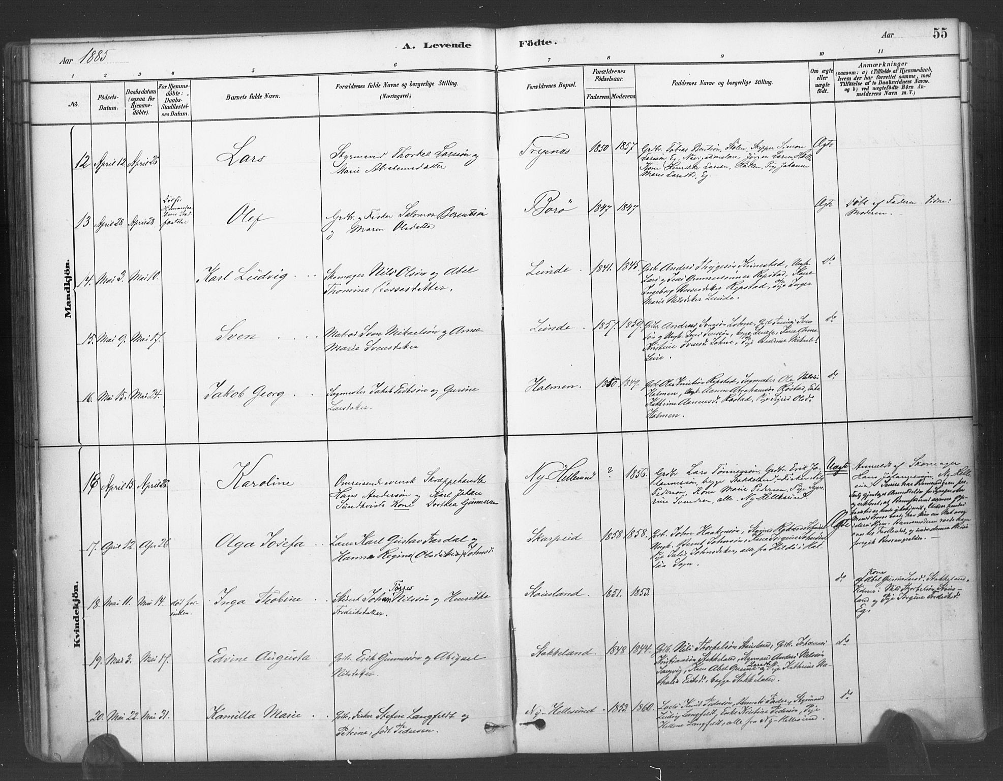 Søgne sokneprestkontor, SAK/1111-0037/F/Fa/Fab/L0012: Parish register (official) no. A 12, 1880-1891, p. 55
