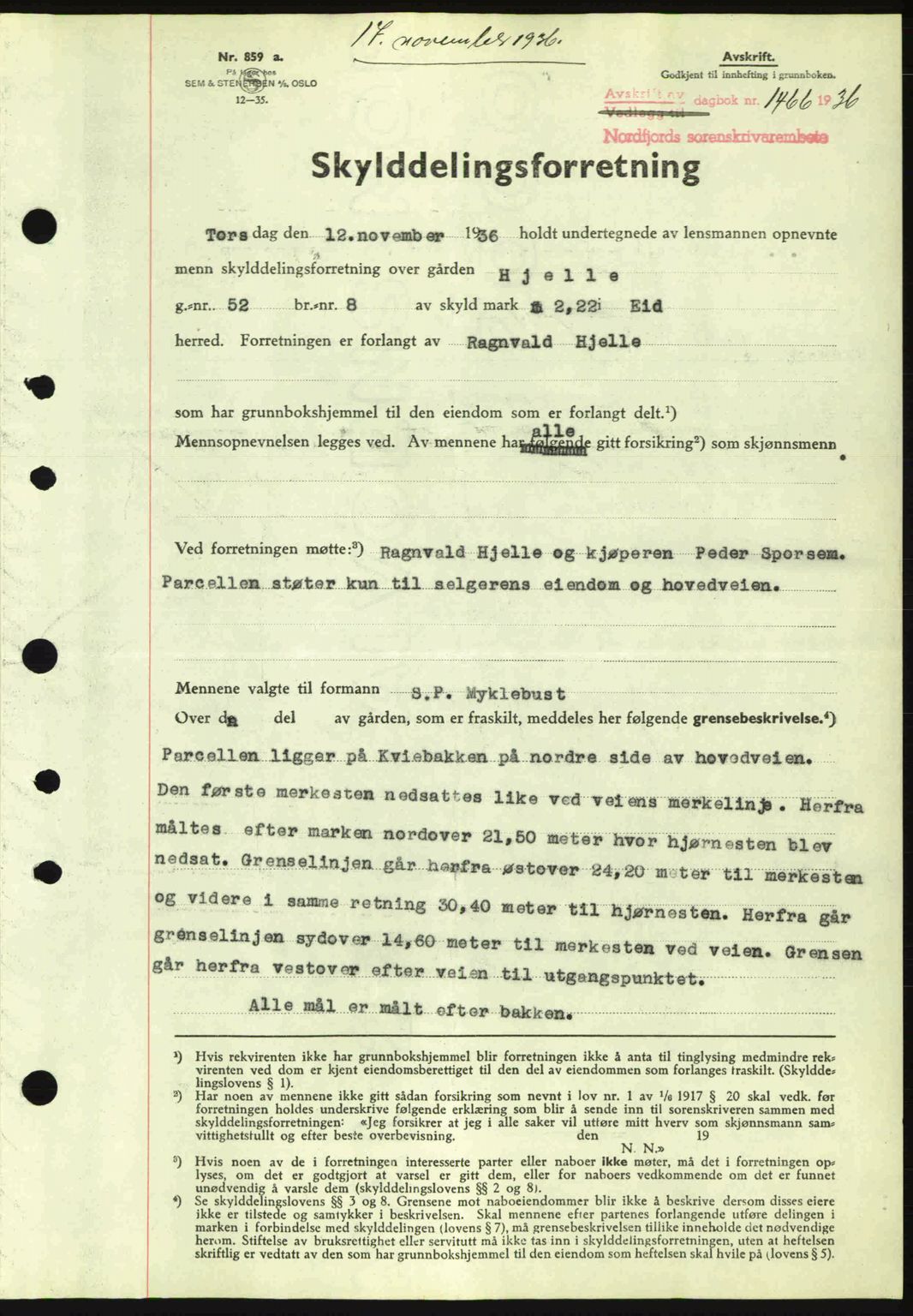 Nordfjord sorenskriveri, AV/SAB-A-2801/02/02b/02bj/L0001: Mortgage book no. A1, 1936-1937, Diary no: : 1466/1936