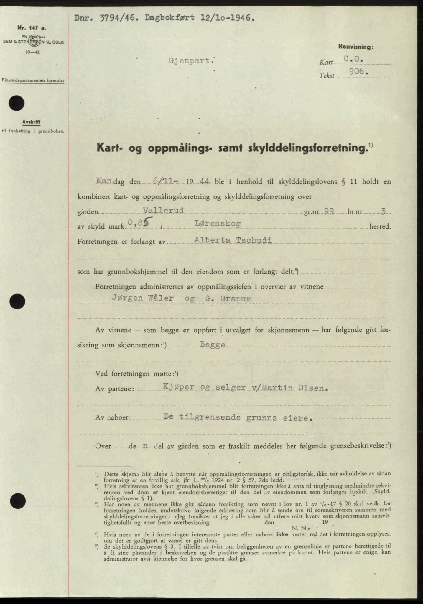 Nedre Romerike sorenskriveri, AV/SAO-A-10469/G/Gb/Gbd/L0017: Mortgage book no. 17, 1946-1946, Diary no: : 3794/1946