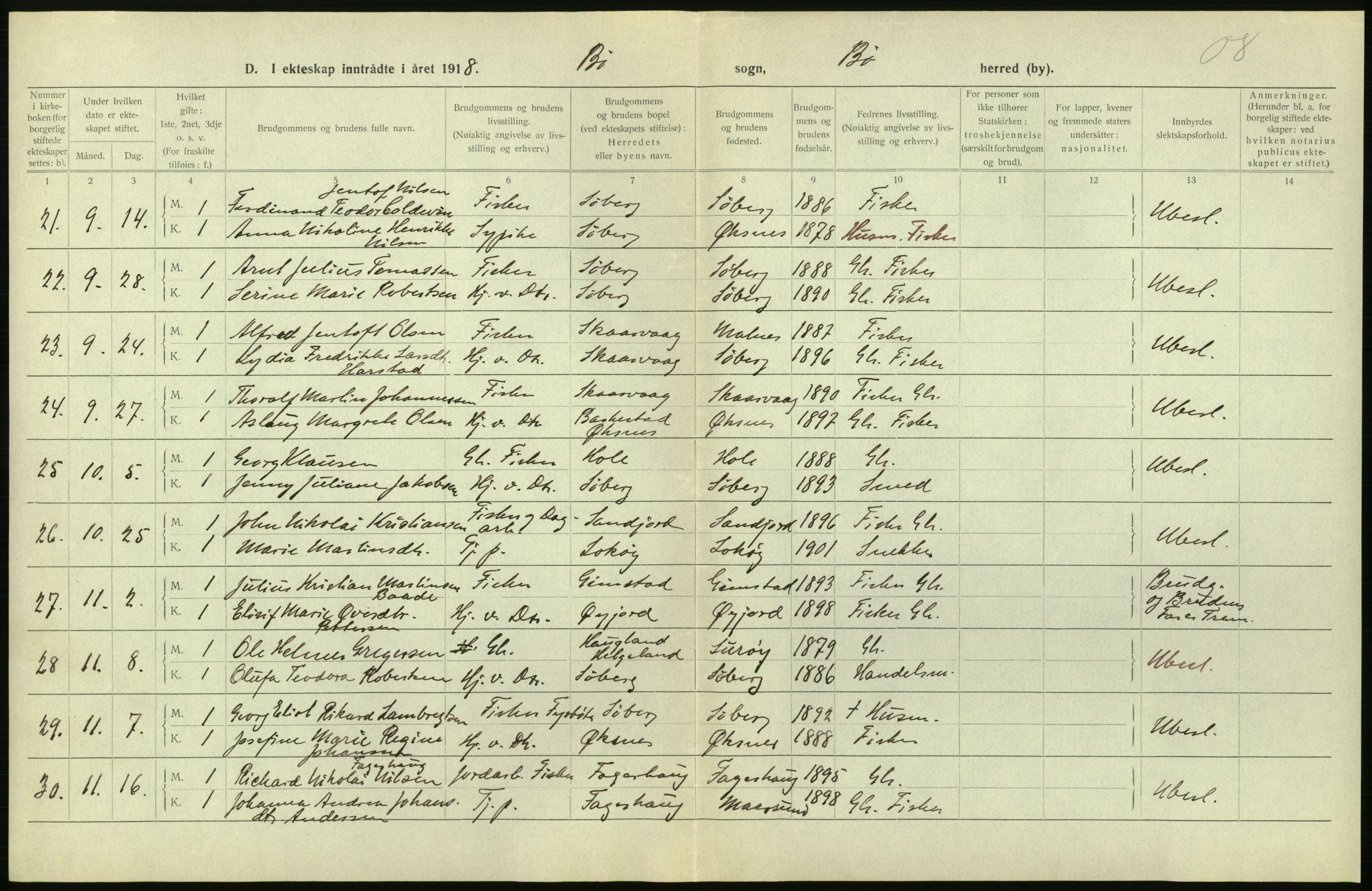 Statistisk sentralbyrå, Sosiodemografiske emner, Befolkning, AV/RA-S-2228/D/Df/Dfb/Dfbh/L0054: Nordland fylke: Gifte, dødfødte. Bygder og byer., 1918, p. 300