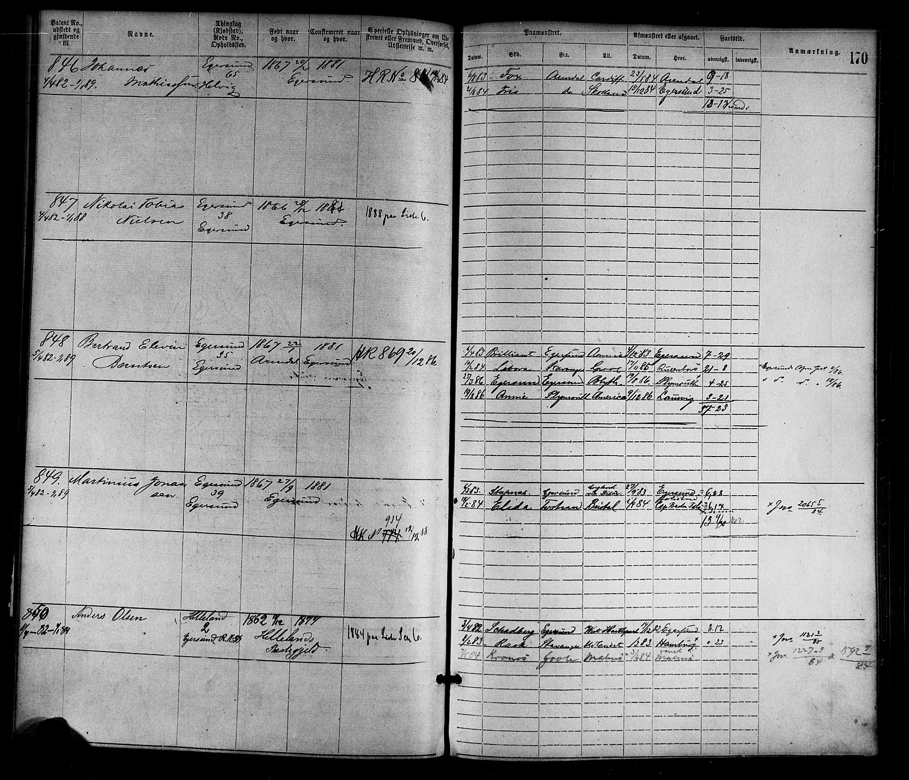 Egersund mønstringskrets, AV/SAK-2031-0019/F/Fa/L0001: Annotasjonsrulle nr 1-1440 med register, O-1, 1869-1895, p. 191