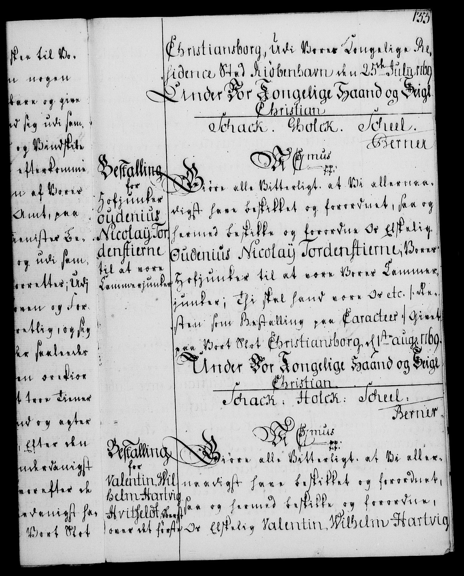 Rentekammeret, Kammerkanselliet, RA/EA-3111/G/Gg/Gge/L0004: Norsk bestallingsprotokoll med register (merket RK 53.28), 1762-1771, p. 133
