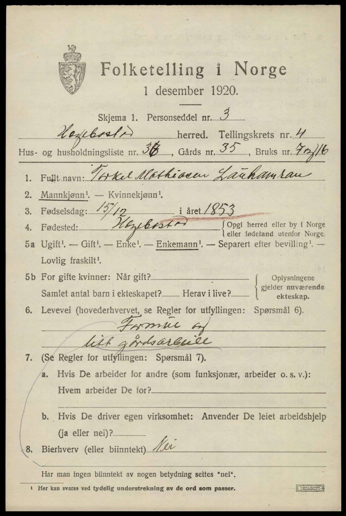 SAK, 1920 census for Hægebostad, 1920, p. 1841