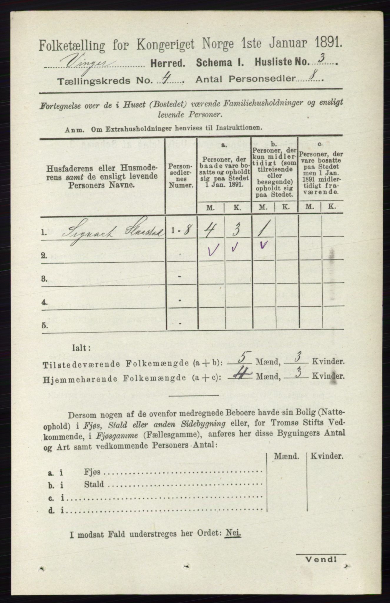 RA, 1891 census for 0421 Vinger, 1891, p. 1584