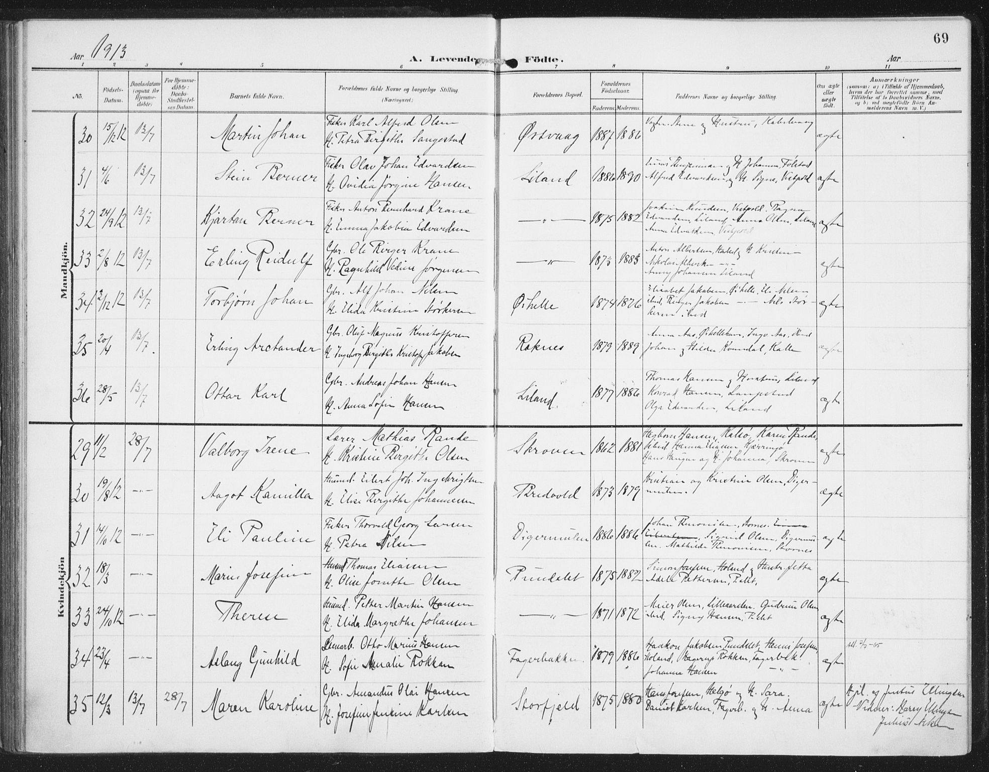 Ministerialprotokoller, klokkerbøker og fødselsregistre - Nordland, AV/SAT-A-1459/874/L1063: Parish register (official) no. 874A07, 1907-1915, p. 69