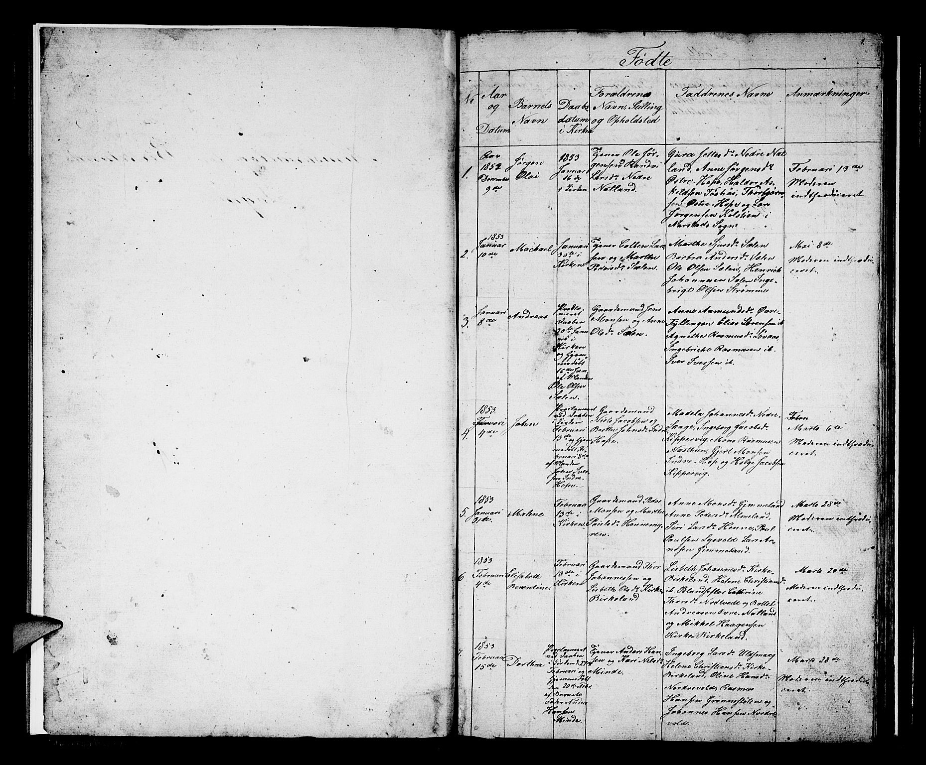 Birkeland Sokneprestembete, AV/SAB-A-74601/H/Hab: Parish register (copy) no. A 1, 1853-1862, p. 1