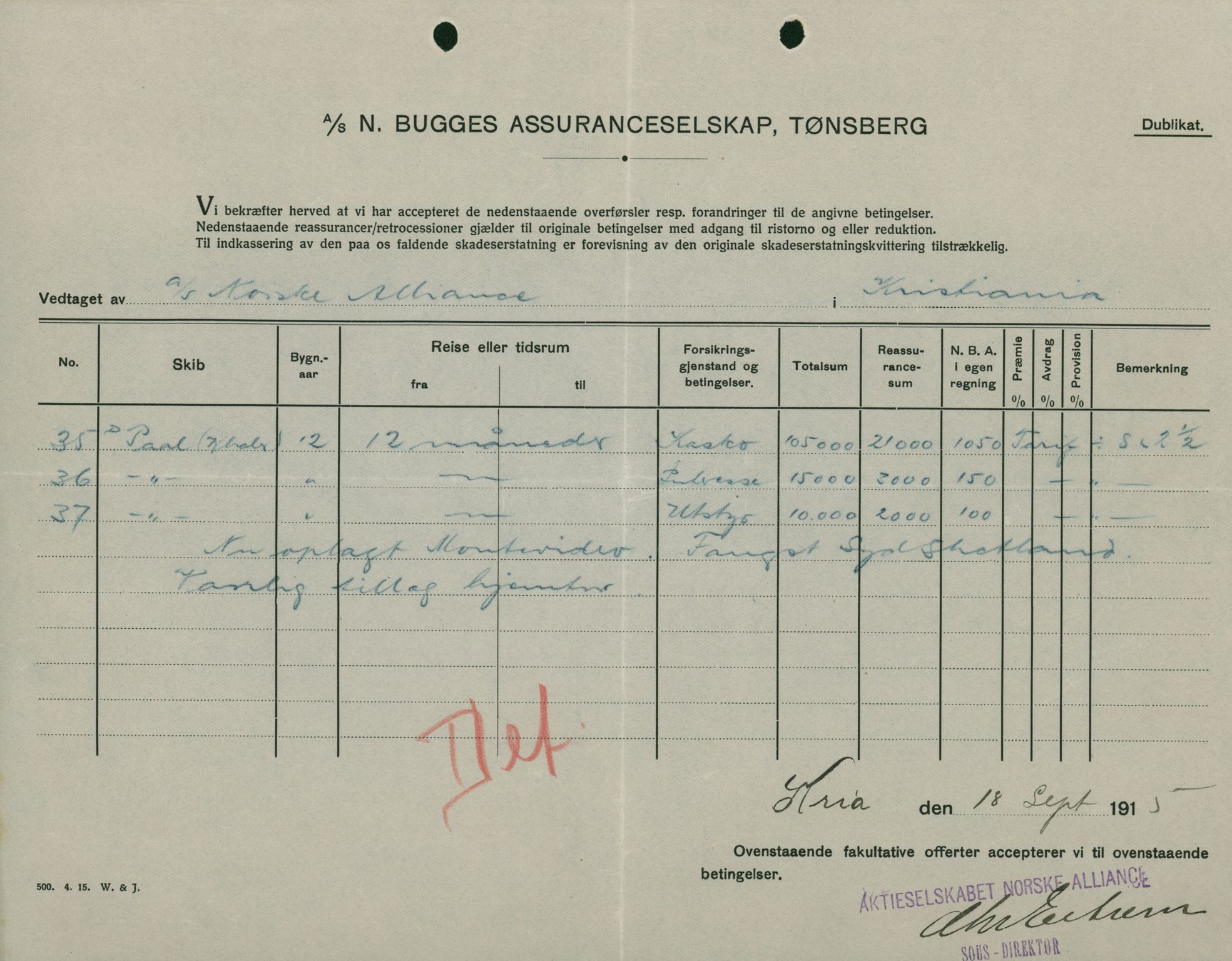 Pa 664 - Tønsberg Sjøforsikringsselskap, VEMU/A-1773/F/L0001: Forsikringspoliser, 1915-1918