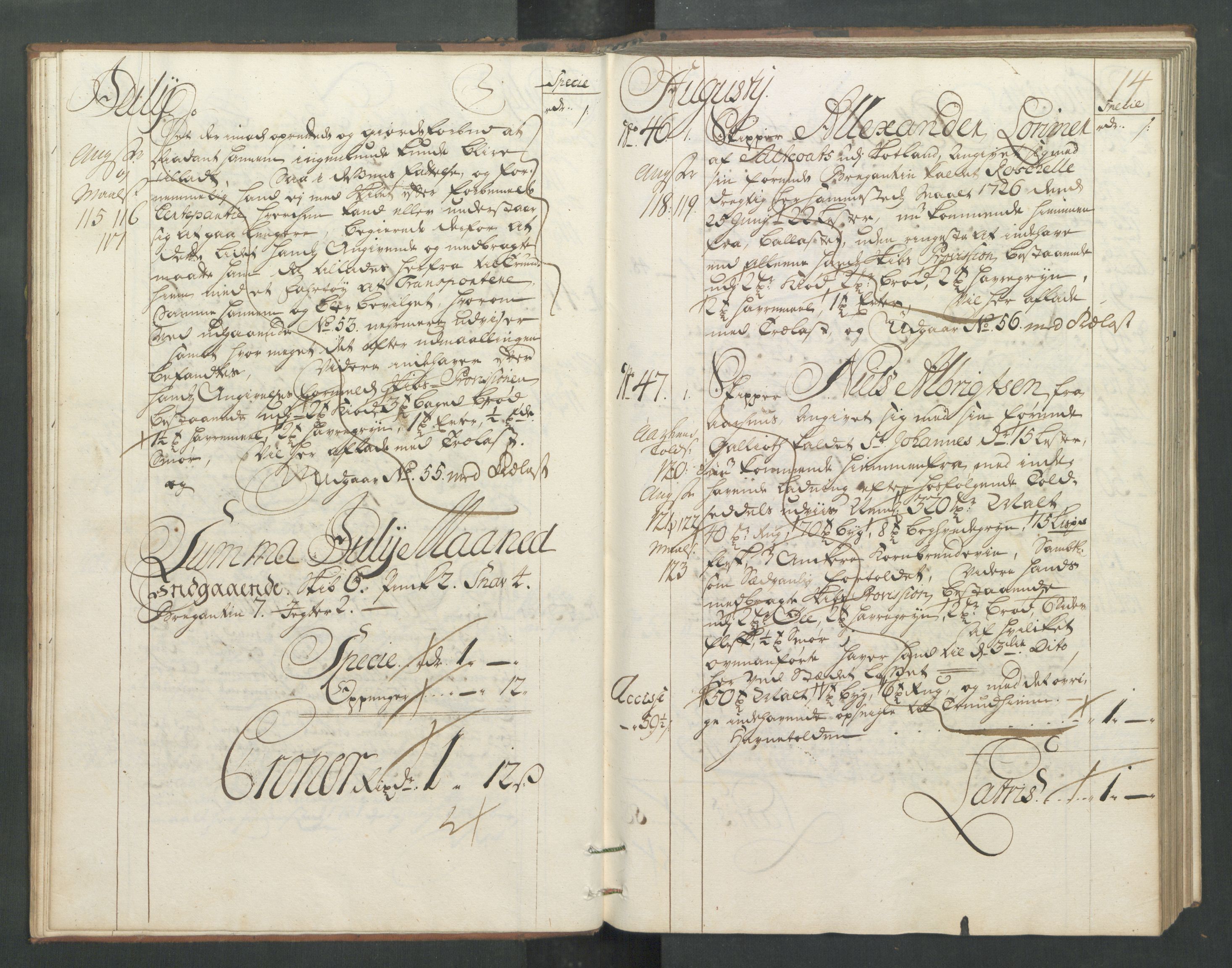 Generaltollkammeret, tollregnskaper, RA/EA-5490/R32/L0005/0001: Tollregnskaper Kristiansund / Hovedtollbok, 1733, p. 13b-14a