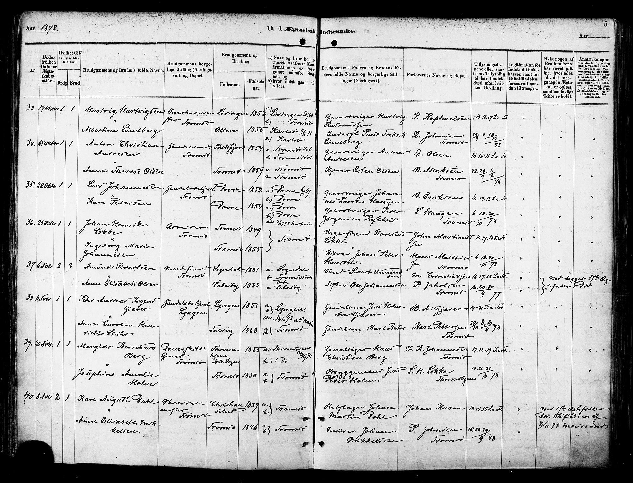 Tromsø sokneprestkontor/stiftsprosti/domprosti, AV/SATØ-S-1343/G/Ga/L0014kirke: Parish register (official) no. 14, 1878-1888, p. 5