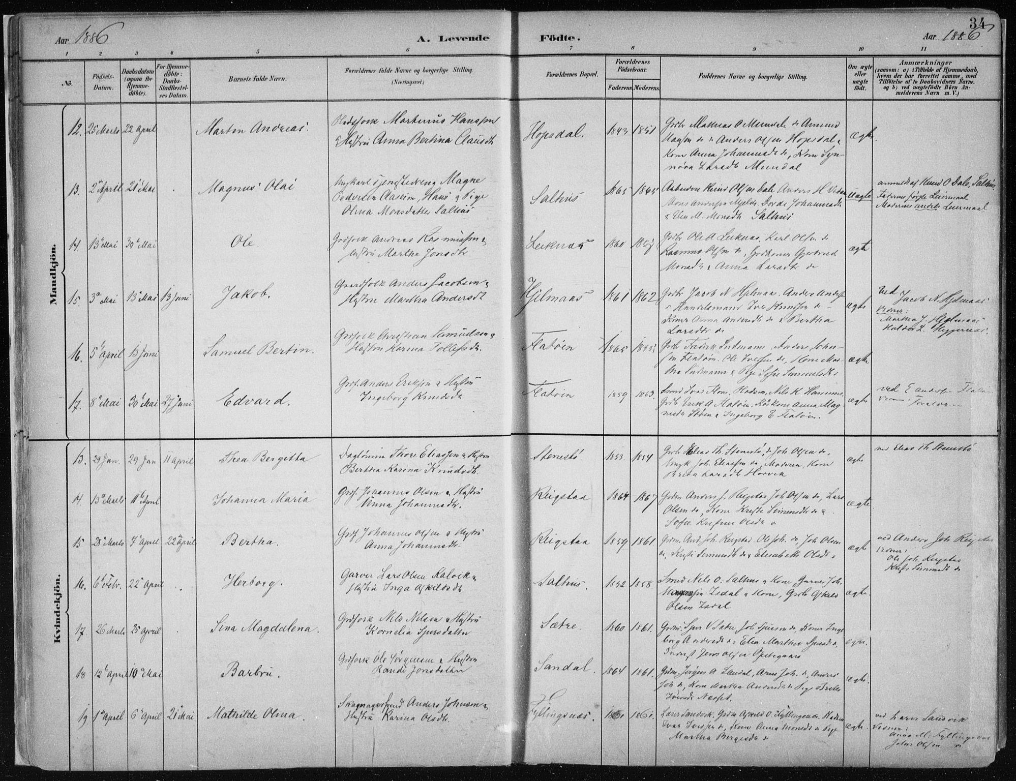 Hamre sokneprestembete, AV/SAB-A-75501/H/Ha/Haa/Haab/L0001: Parish register (official) no. B  1, 1882-1905, p. 34