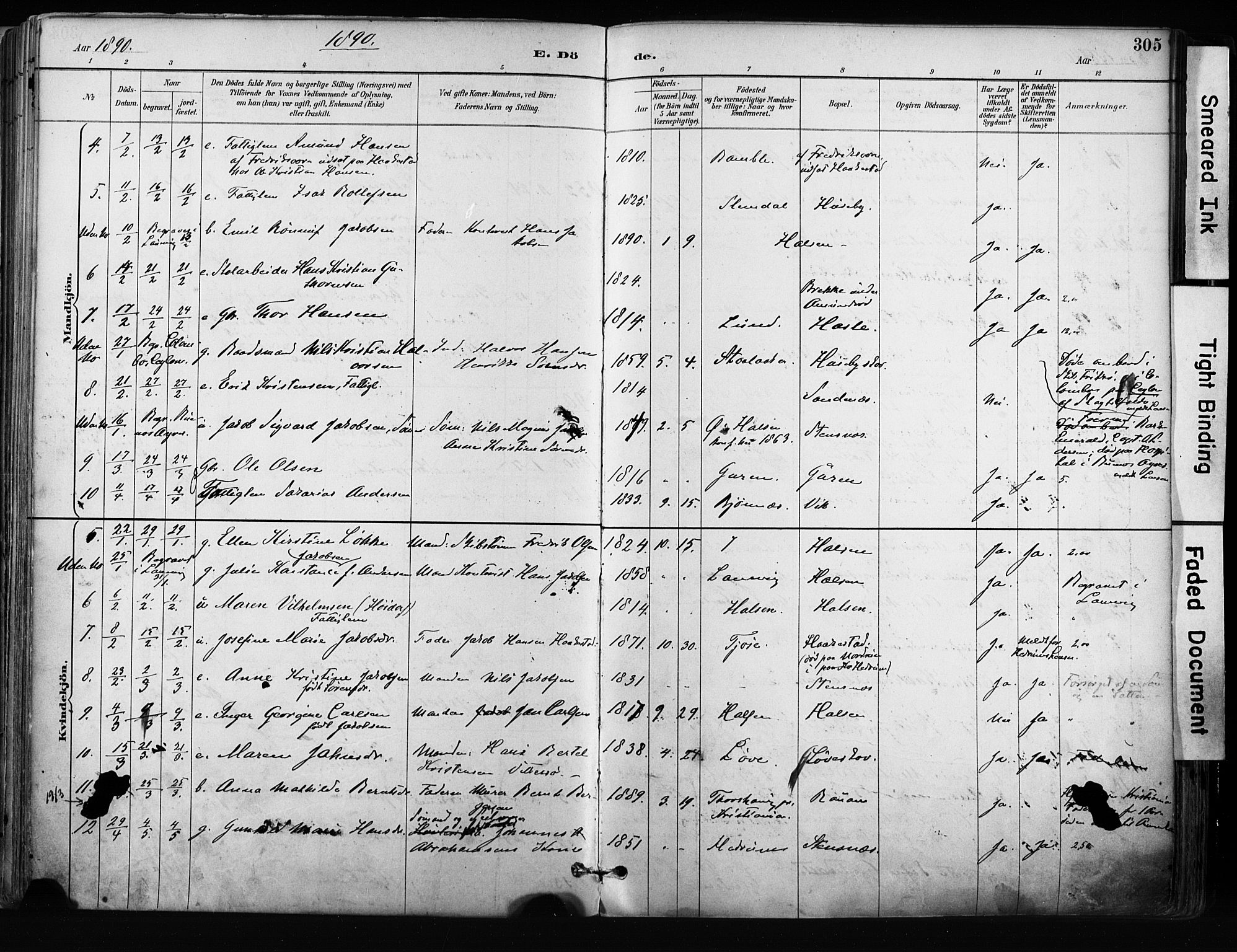 Tjølling kirkebøker, AV/SAKO-A-60/F/Fa/L0009: Parish register (official) no. 9, 1887-1905, p. 305