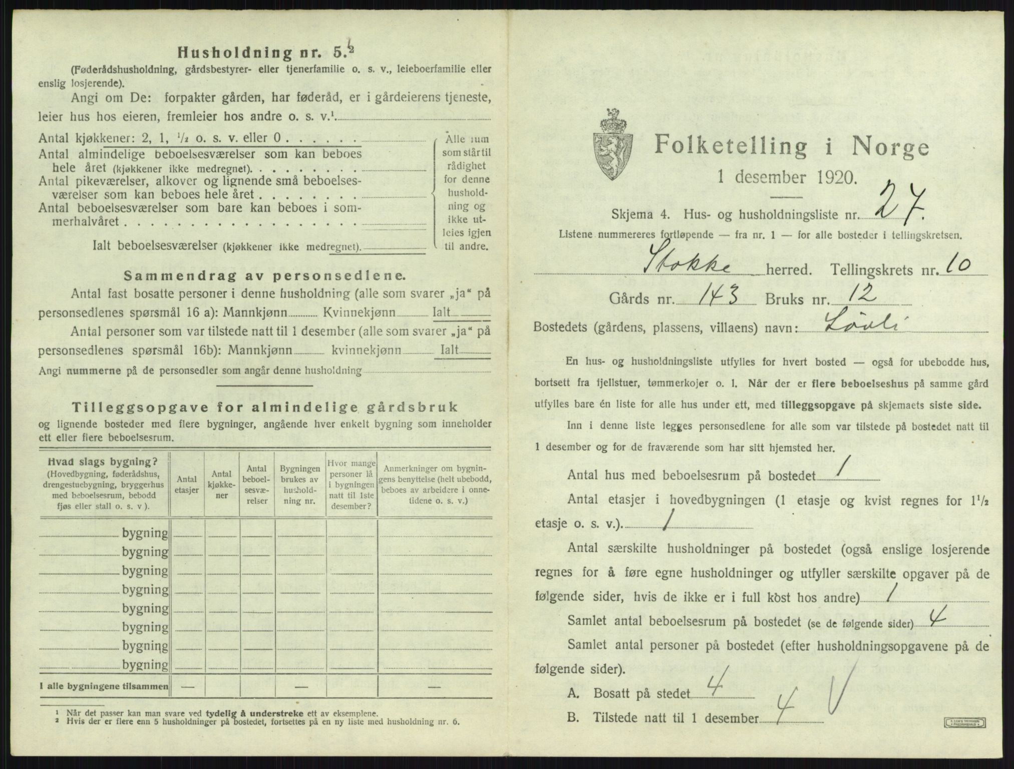 SAKO, 1920 census for Stokke, 1920, p. 1872