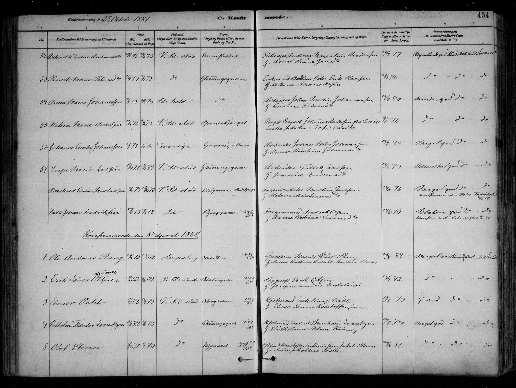 Fredrikstad domkirkes prestekontor Kirkebøker, SAO/A-10906/F/Fa/L0004: Parish register (official) no. 4, 1878-1907, p. 454