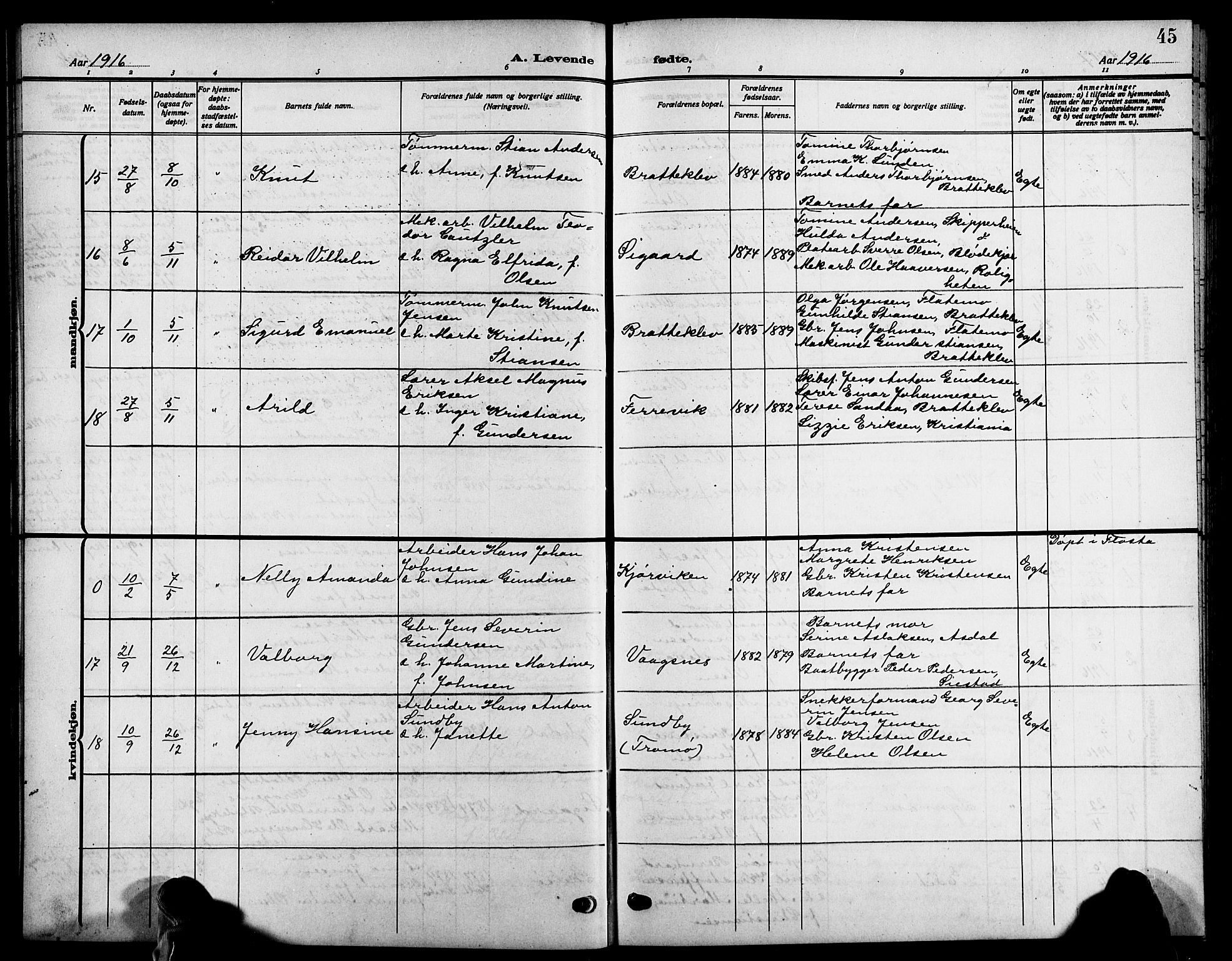 Tromøy sokneprestkontor, SAK/1111-0041/F/Fb/L0007: Parish register (copy) no. B 7, 1908-1925, p. 45