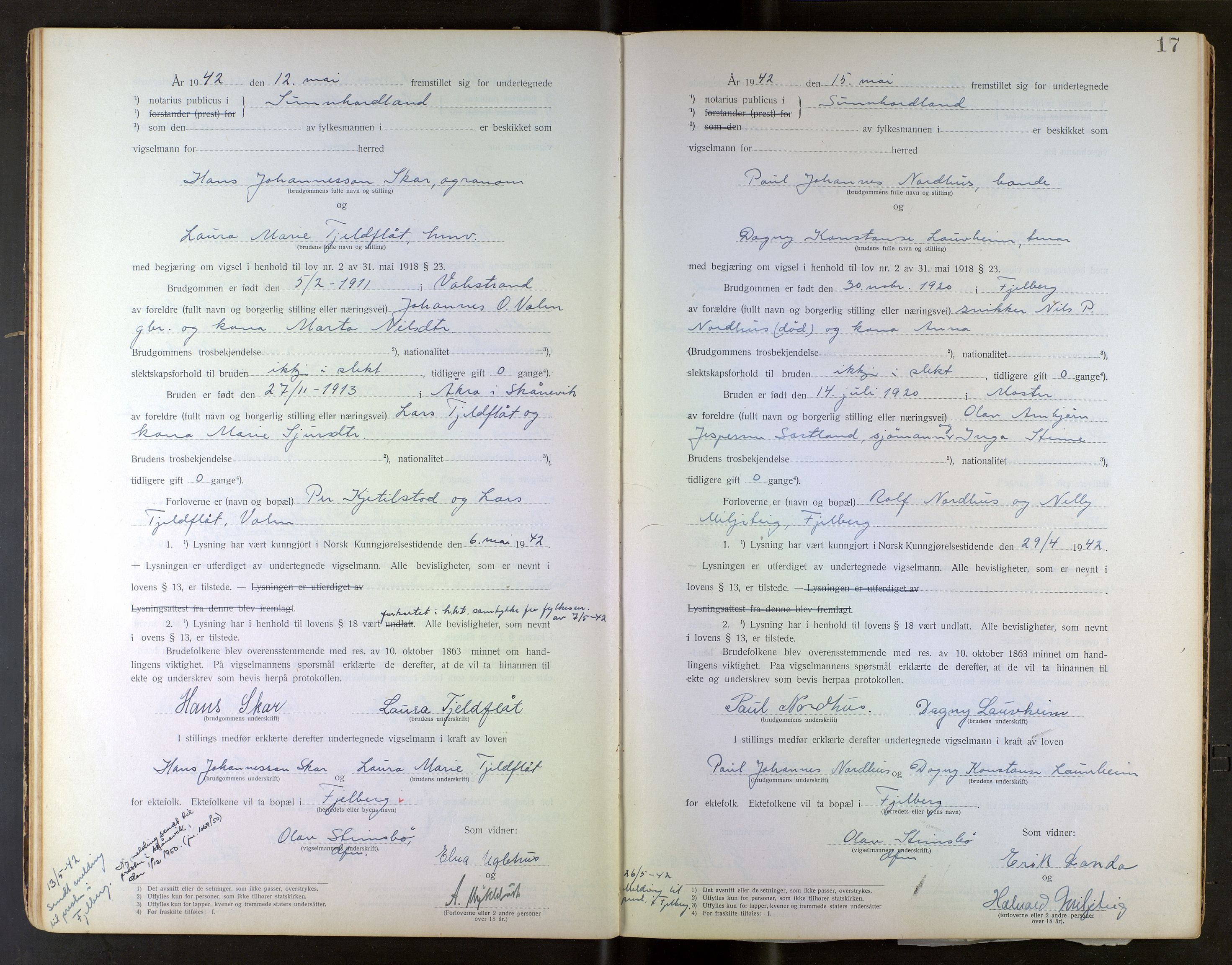Sunnhordland sorenskrivar, AV/SAB-A-2401/2/I/Ia/L0001: Vigselsbok, 1925-1943, p. 16b-17a