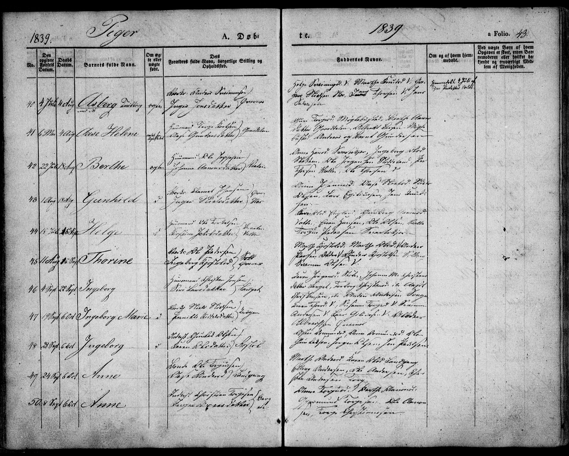 Holt sokneprestkontor, SAK/1111-0021/F/Fa/L0007: Parish register (official) no. A 7, 1836-1848, p. 43