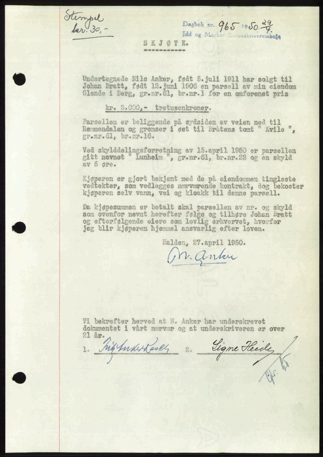 Idd og Marker sorenskriveri, AV/SAO-A-10283/G/Gb/Gbb/L0014: Mortgage book no. A14, 1950-1950, Diary no: : 965/1950