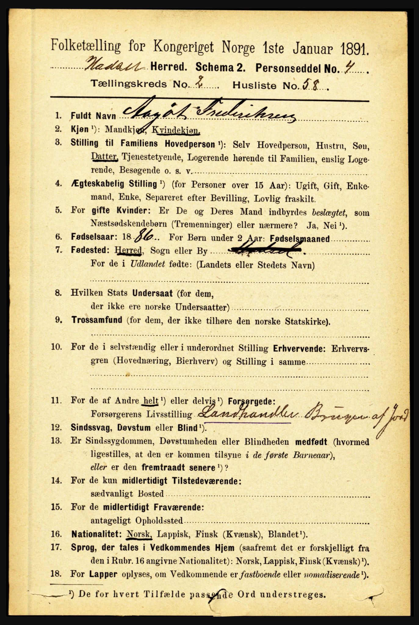 RA, 1891 census for 1866 Hadsel, 1891, p. 993