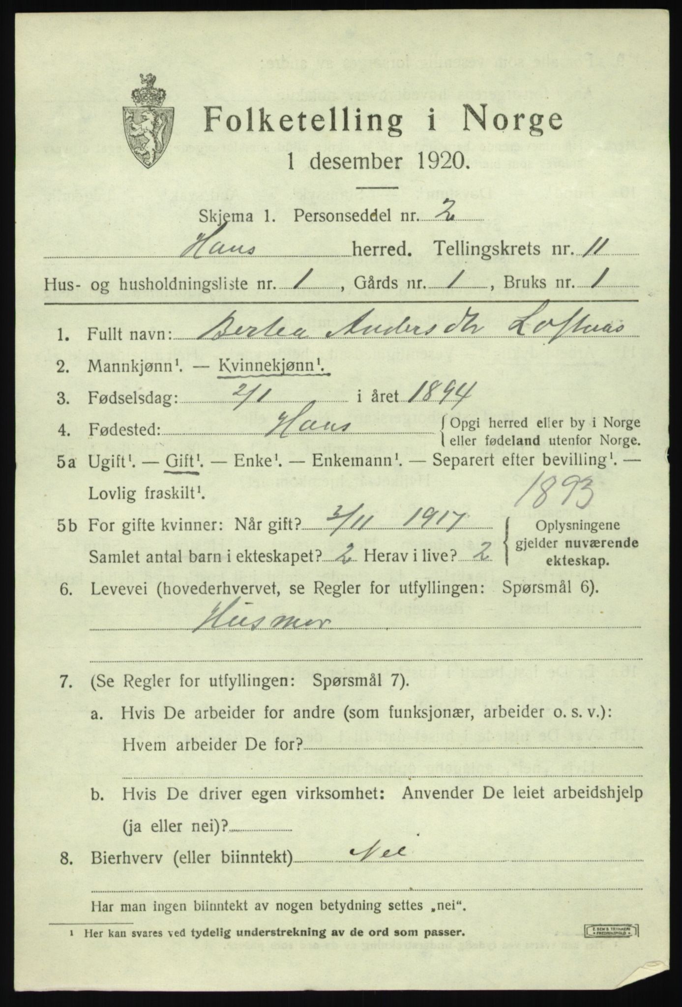 SAB, 1920 census for Haus, 1920, p. 6717