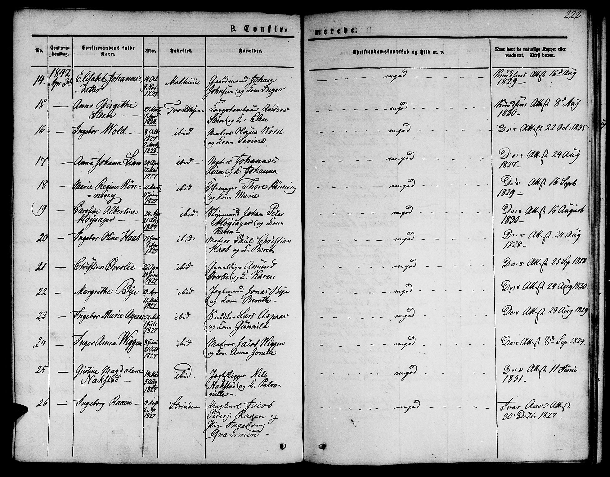 Ministerialprotokoller, klokkerbøker og fødselsregistre - Sør-Trøndelag, AV/SAT-A-1456/601/L0048: Parish register (official) no. 601A16, 1840-1847, p. 222