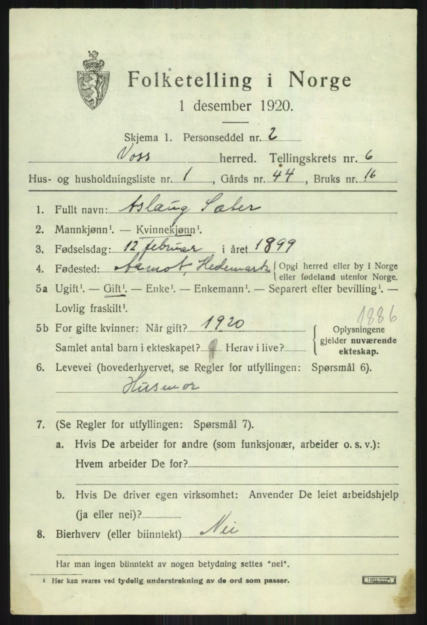 SAB, 1920 census for Voss, 1920, p. 5925