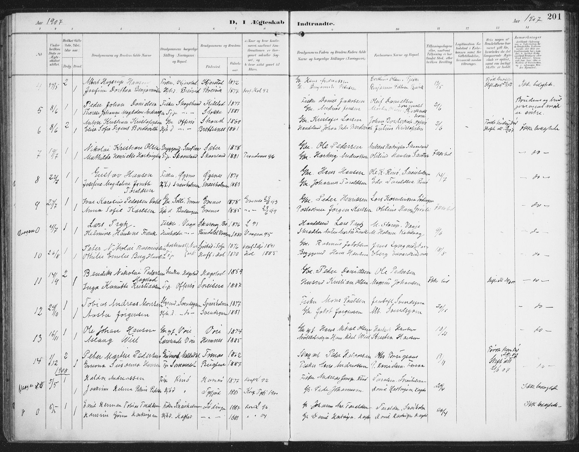 Ministerialprotokoller, klokkerbøker og fødselsregistre - Nordland, AV/SAT-A-1459/872/L1036: Parish register (official) no. 872A11, 1897-1913, p. 201