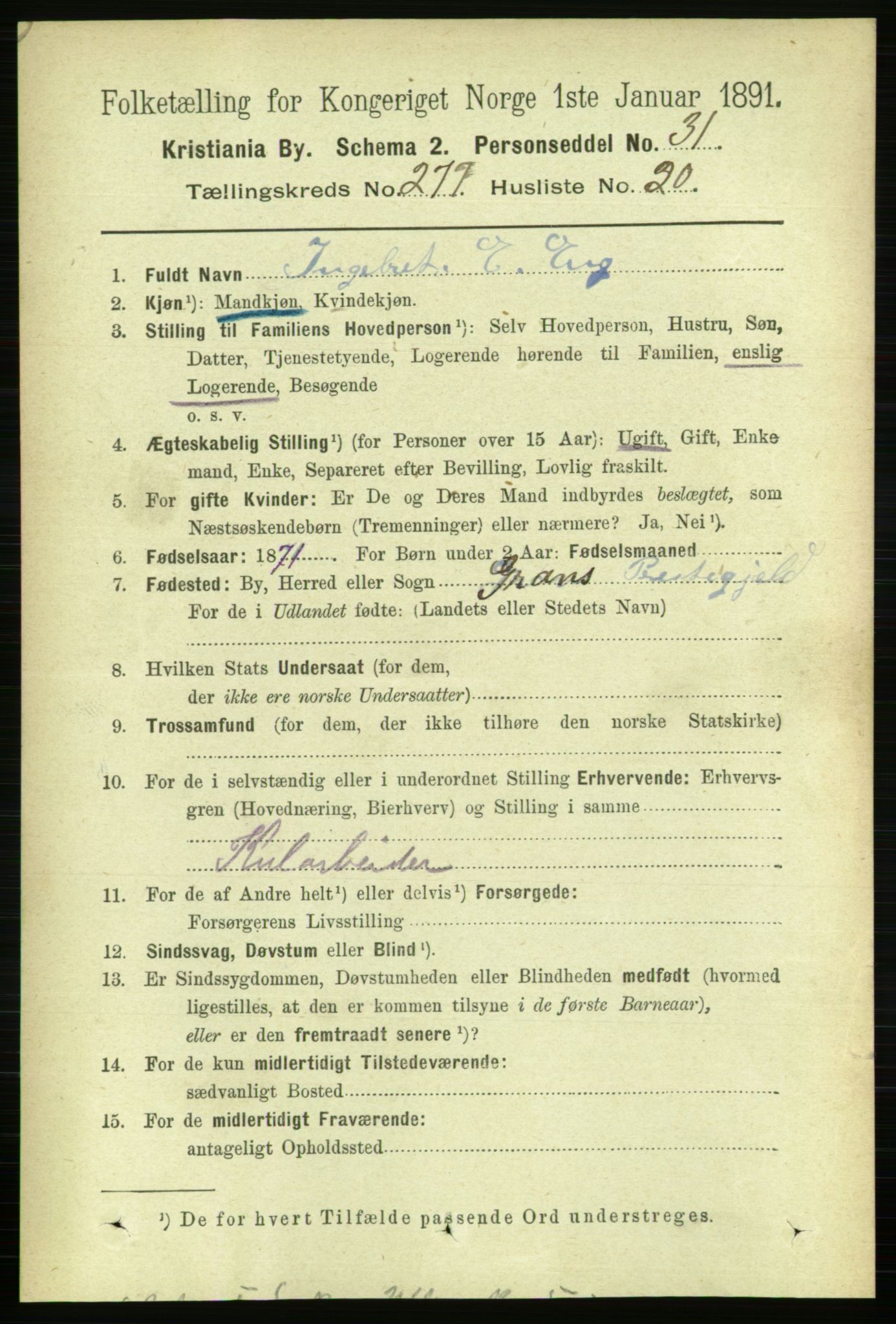 RA, 1891 census for 0301 Kristiania, 1891, p. 168521