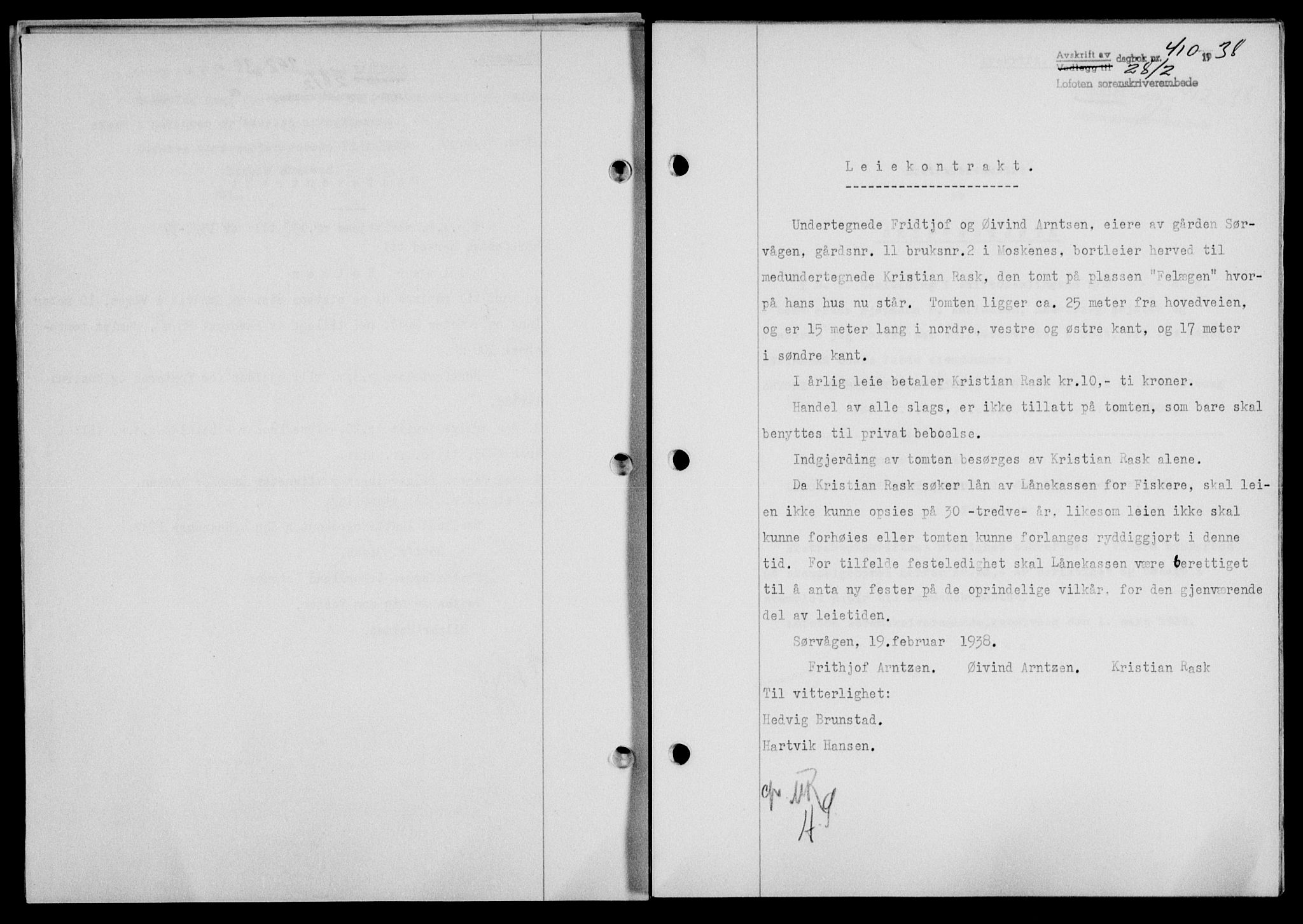 Lofoten sorenskriveri, SAT/A-0017/1/2/2C/L0003a: Mortgage book no. 3a, 1937-1938, Diary no: : 410/1938