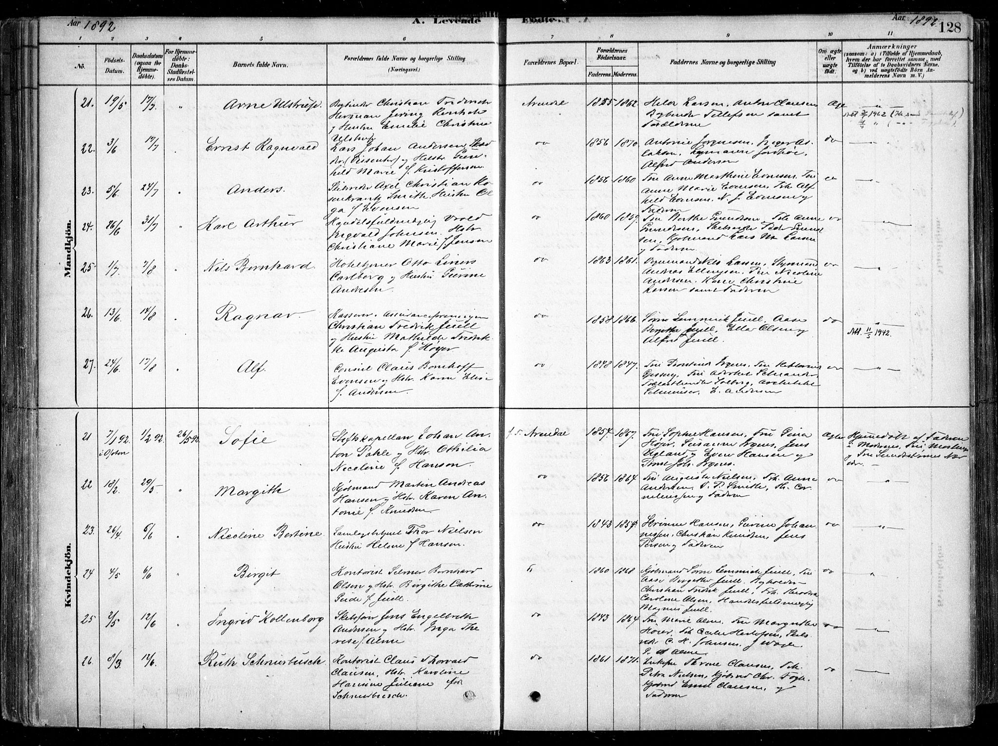Arendal sokneprestkontor, Trefoldighet, SAK/1111-0040/F/Fa/L0008: Parish register (official) no. A 8, 1878-1899, p. 128