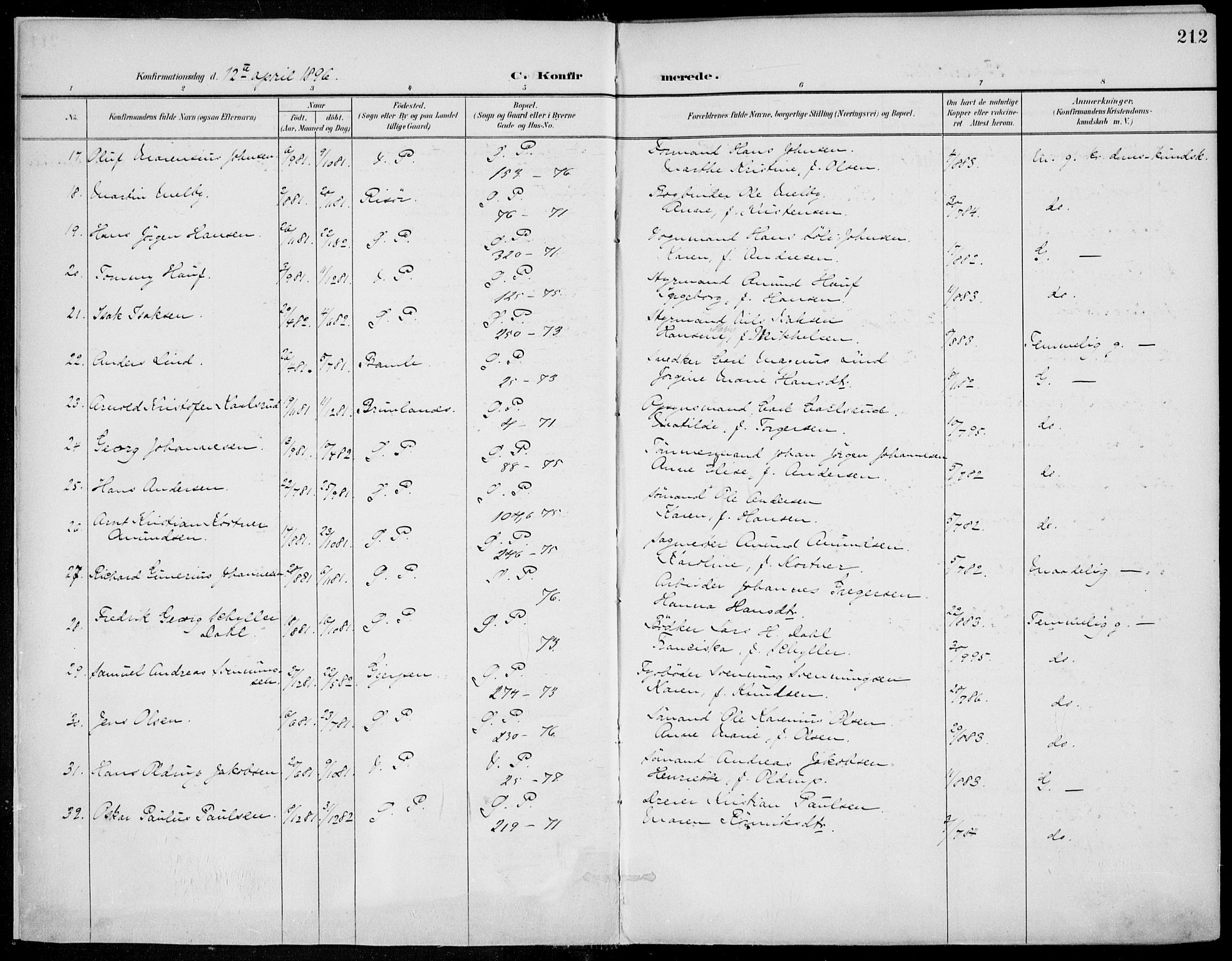 Porsgrunn kirkebøker , SAKO/A-104/F/Fa/L0011: Parish register (official) no. 11, 1895-1919, p. 212