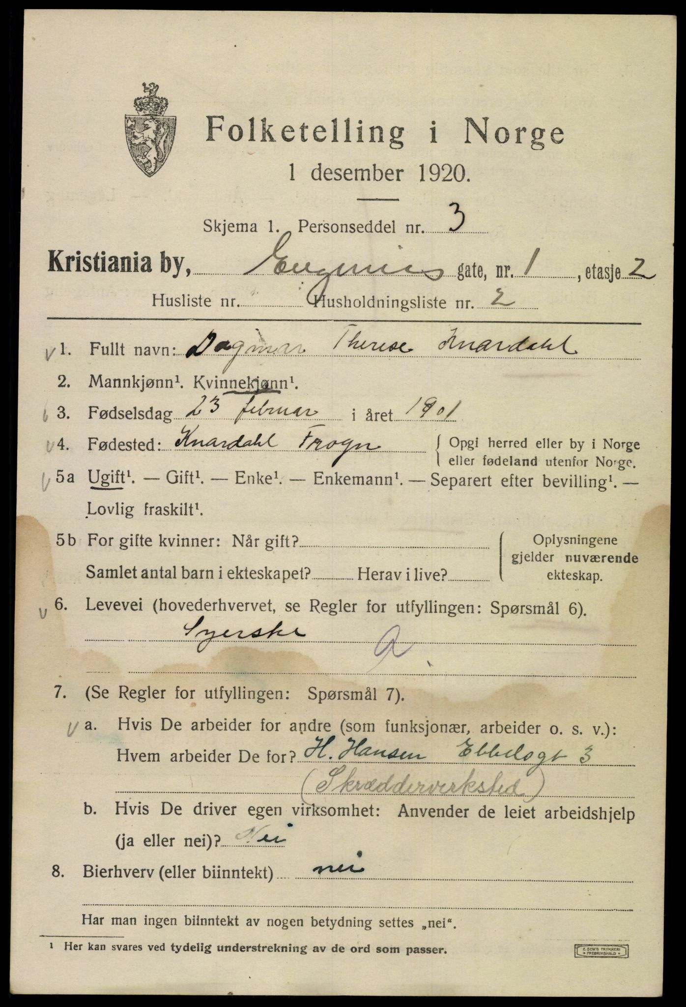 SAO, 1920 census for Kristiania, 1920, p. 223827