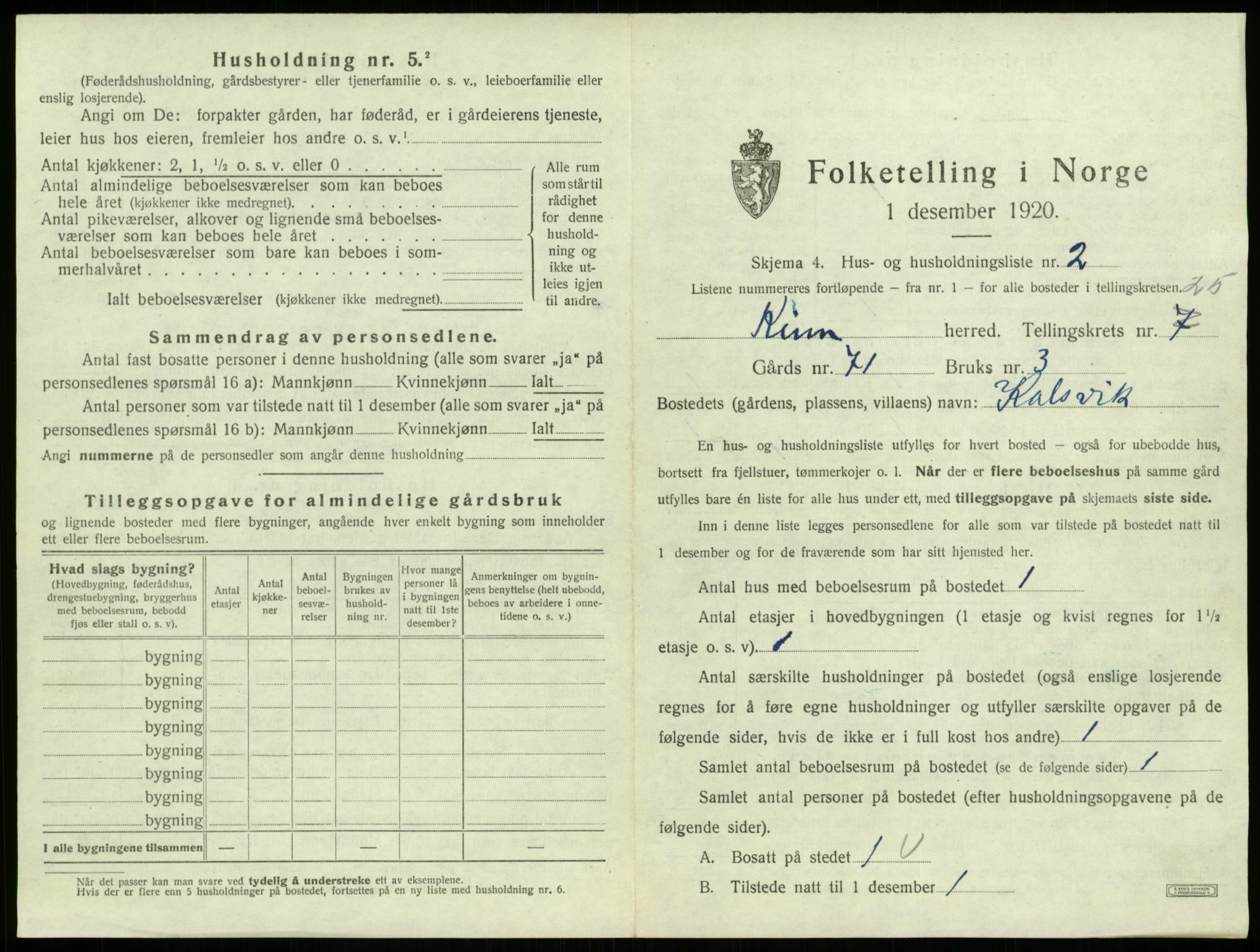 SAB, 1920 census for Kinn, 1920, p. 1218