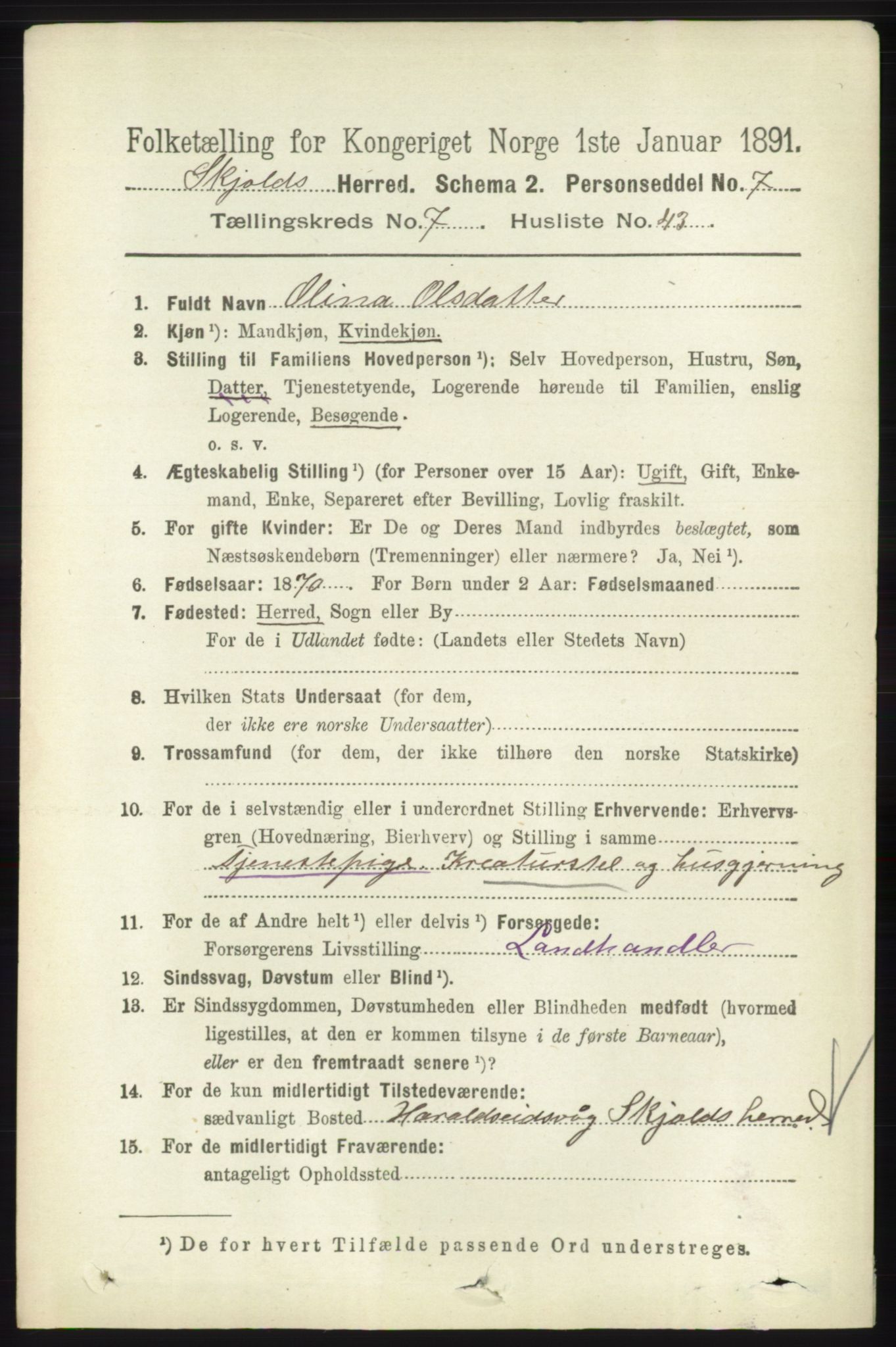 RA, 1891 census for 1154 Skjold, 1891, p. 1565