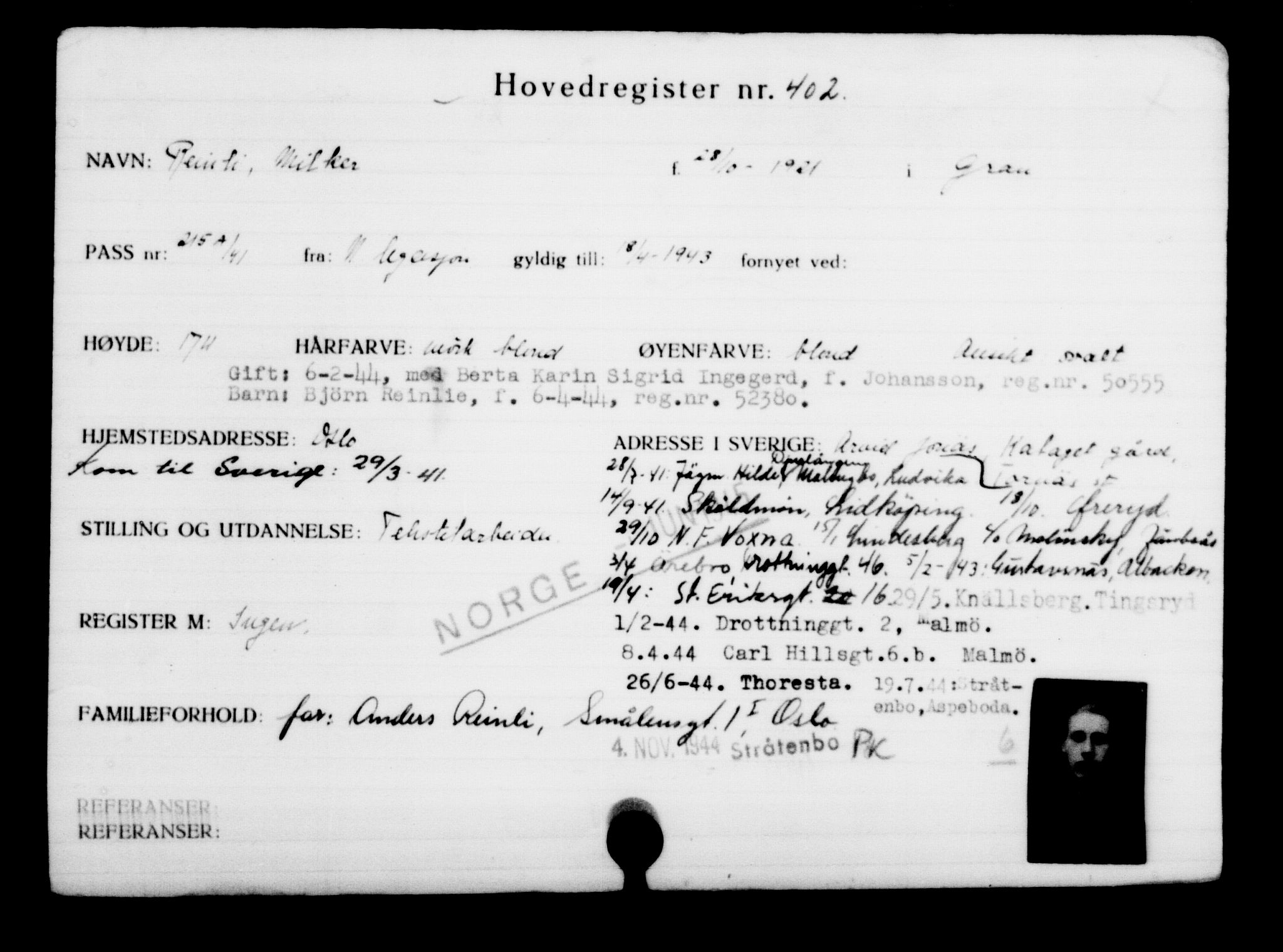 Utenriksstasjonene, Legasjonen i Stockholm, Flyktningkontoret, AV/RA-S-6753/V/Va/L0001: Kjesäterkartoteket, flyktninger med registreringsnr. 1-1000, 1940-1945, p. 630