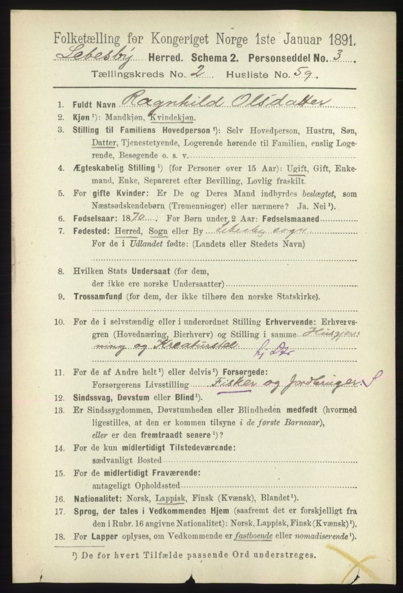 RA, 1891 census for 2022 Lebesby, 1891, p. 672