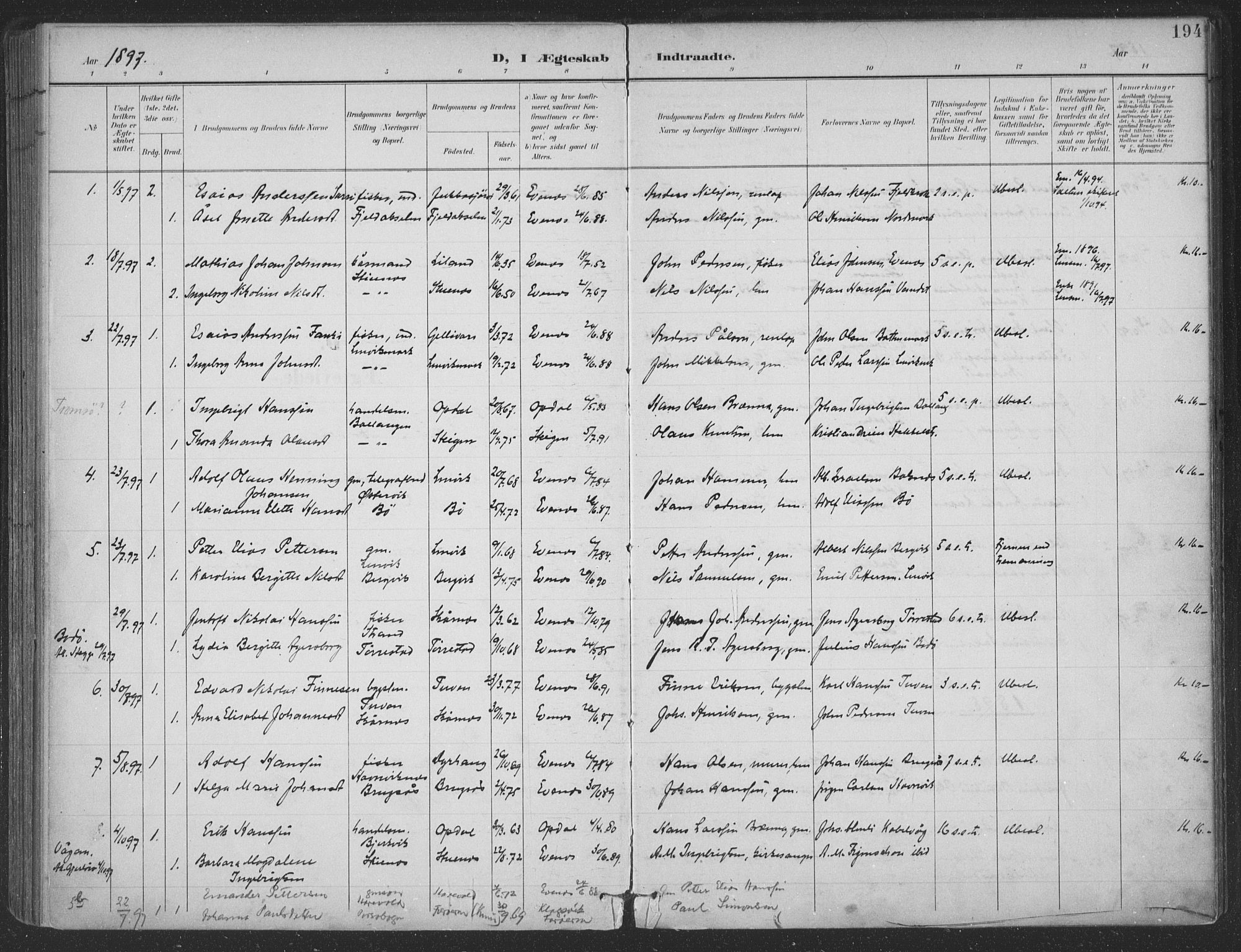 Ministerialprotokoller, klokkerbøker og fødselsregistre - Nordland, AV/SAT-A-1459/863/L0899: Parish register (official) no. 863A11, 1897-1906, p. 194