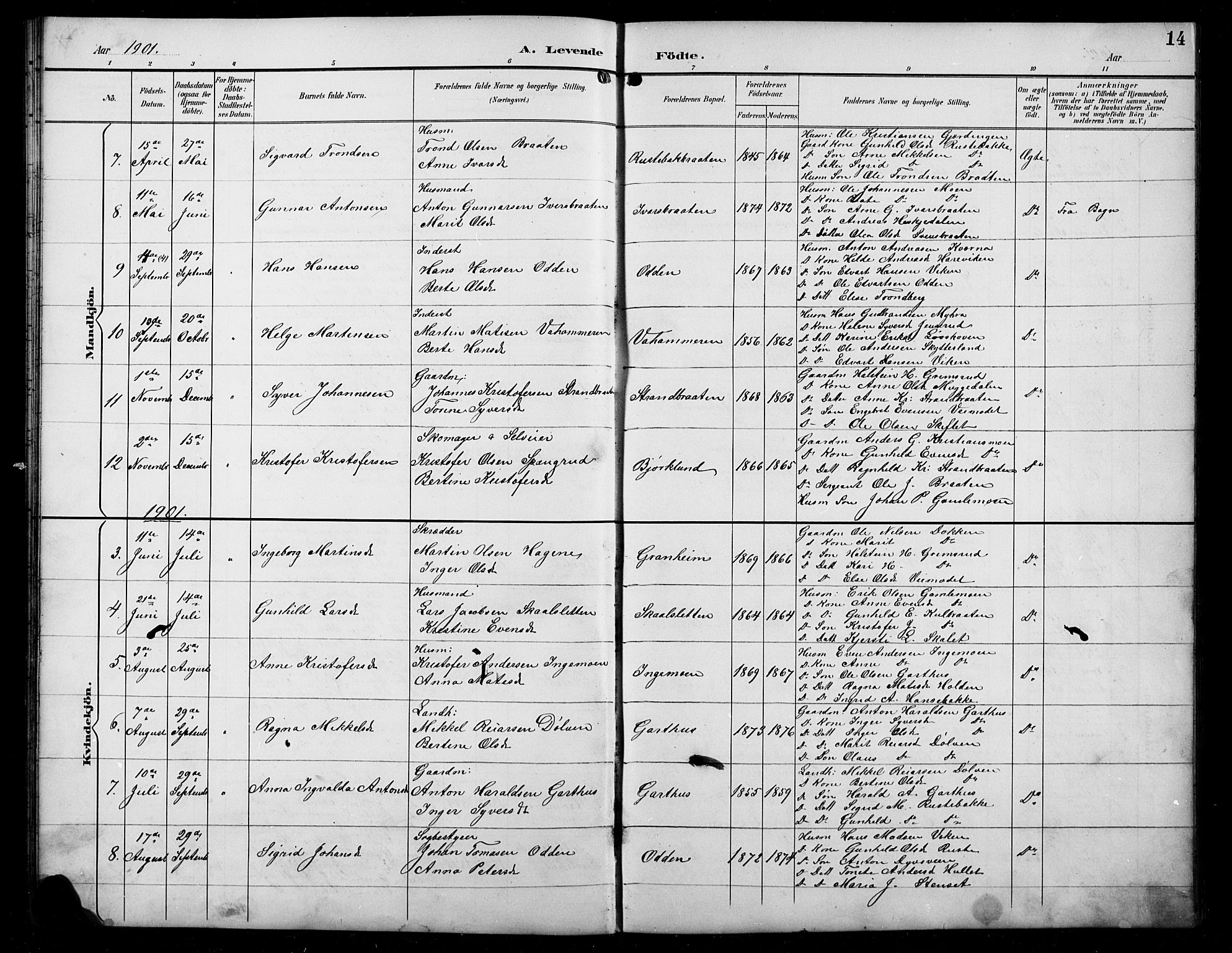 Sør-Aurdal prestekontor, SAH/PREST-128/H/Ha/Hab/L0008: Parish register (copy) no. 8, 1894-1921, p. 14