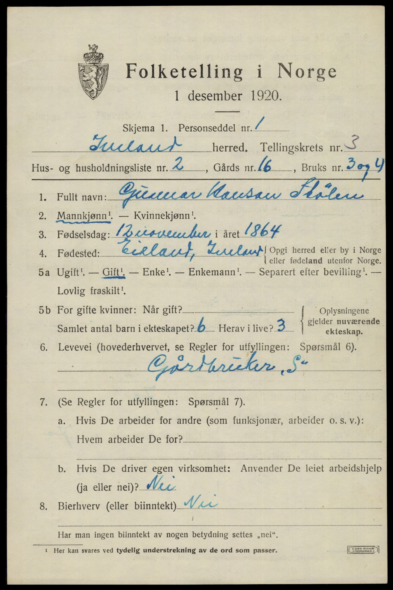 SAK, 1920 census for Iveland, 1920, p. 947