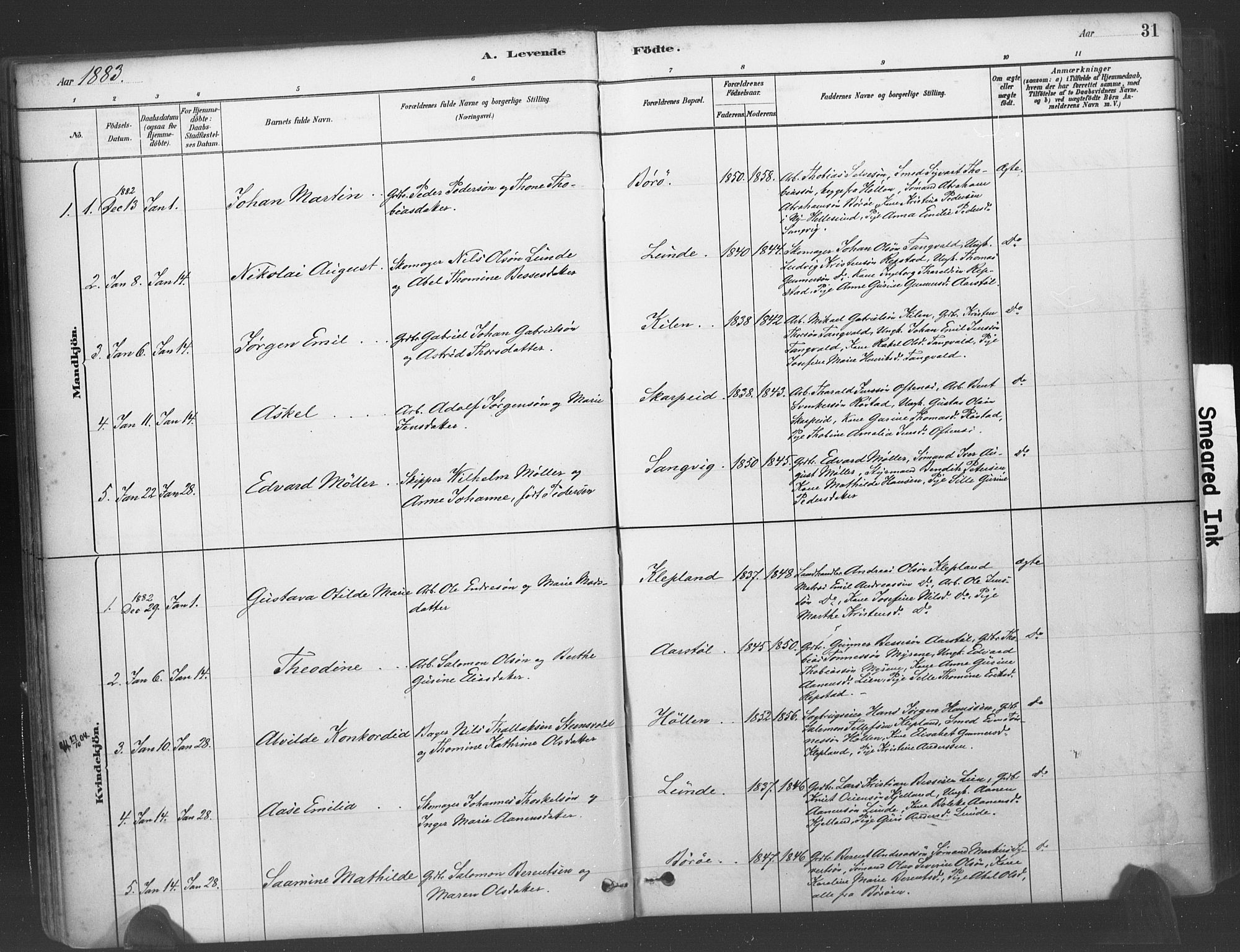 Søgne sokneprestkontor, SAK/1111-0037/F/Fa/Fab/L0012: Parish register (official) no. A 12, 1880-1891, p. 31
