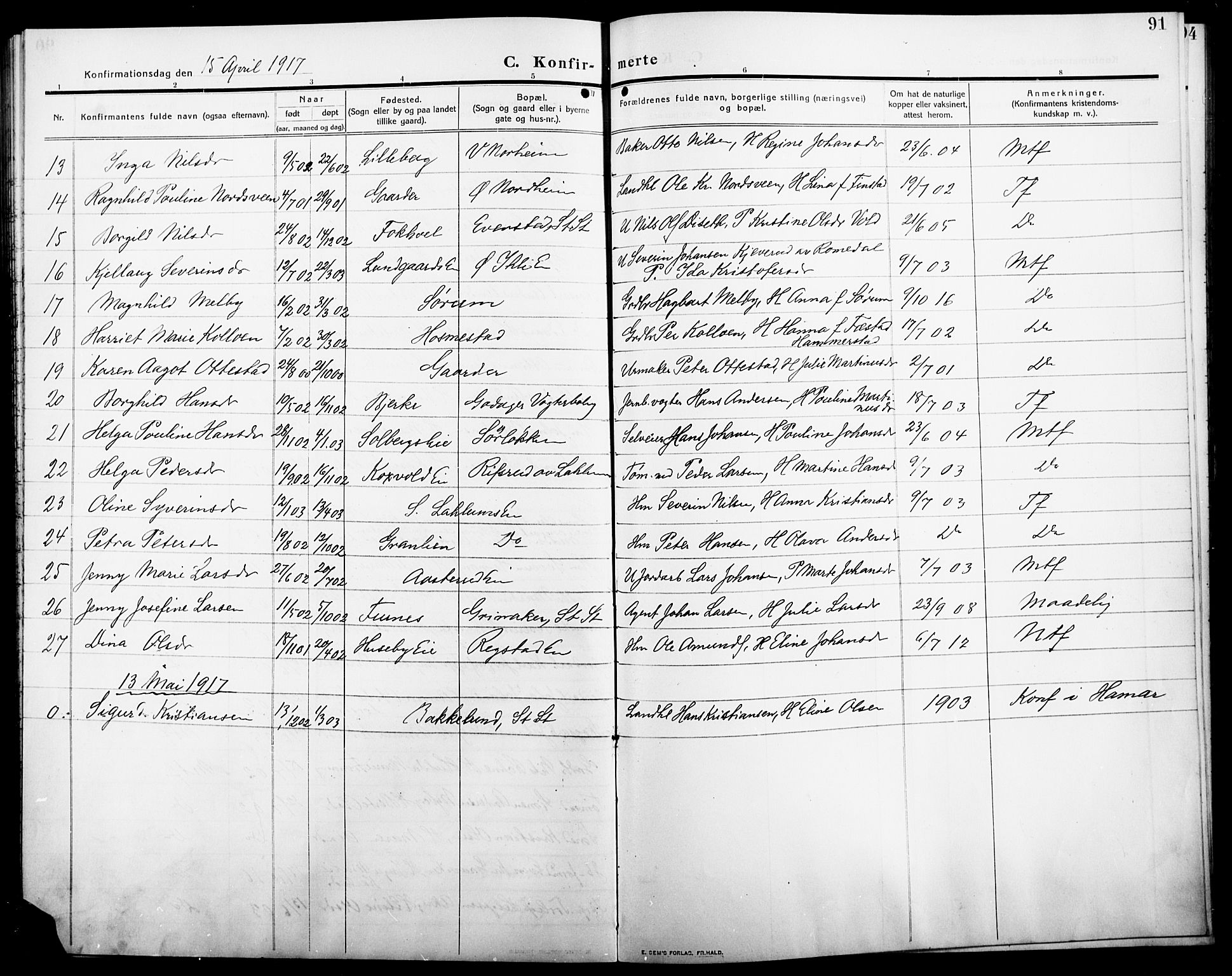 Stange prestekontor, AV/SAH-PREST-002/L/L0014: Parish register (copy) no. 14, 1909-1917, p. 91