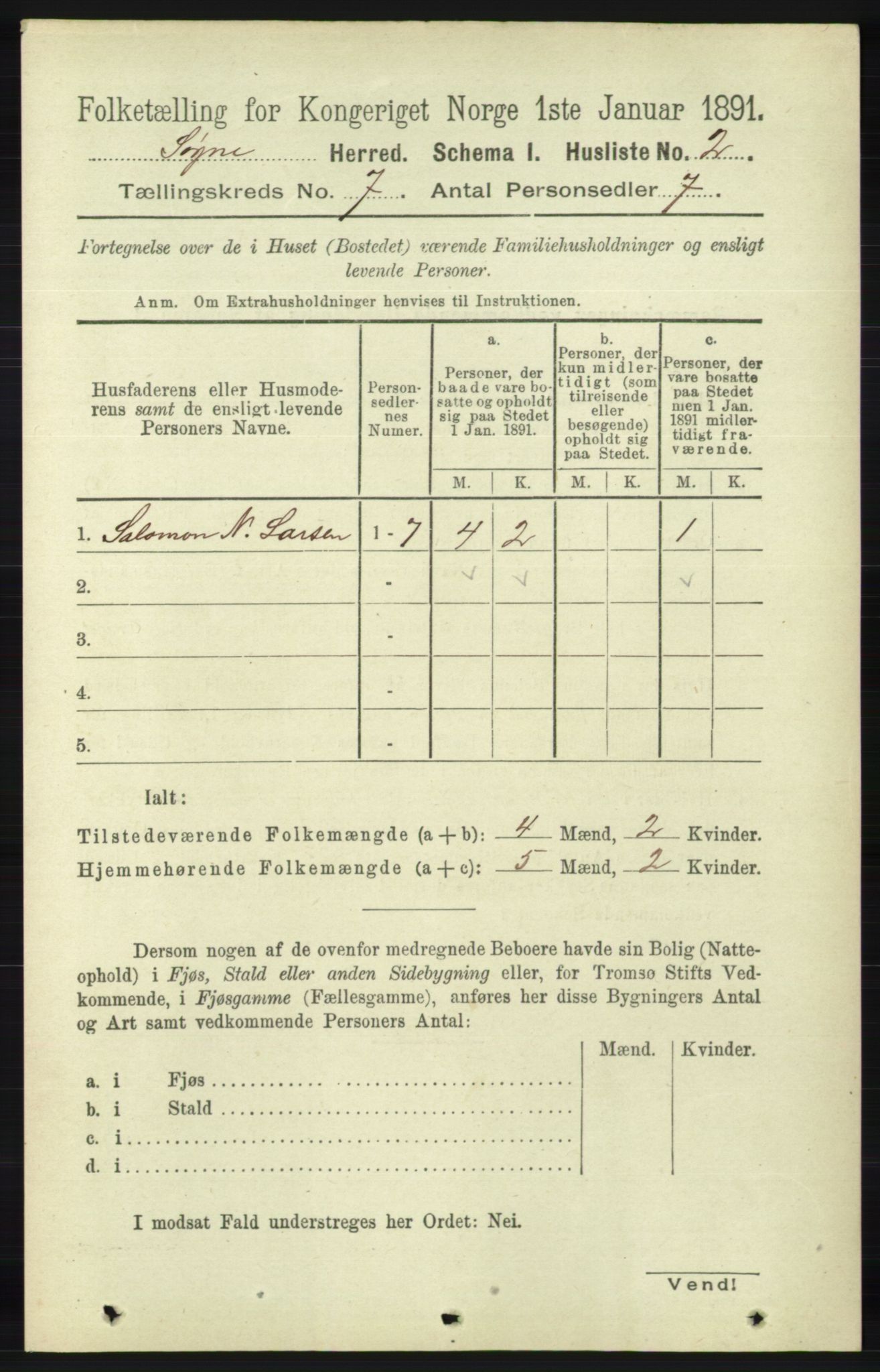 RA, 1891 census for 1018 Søgne, 1891, p. 1425