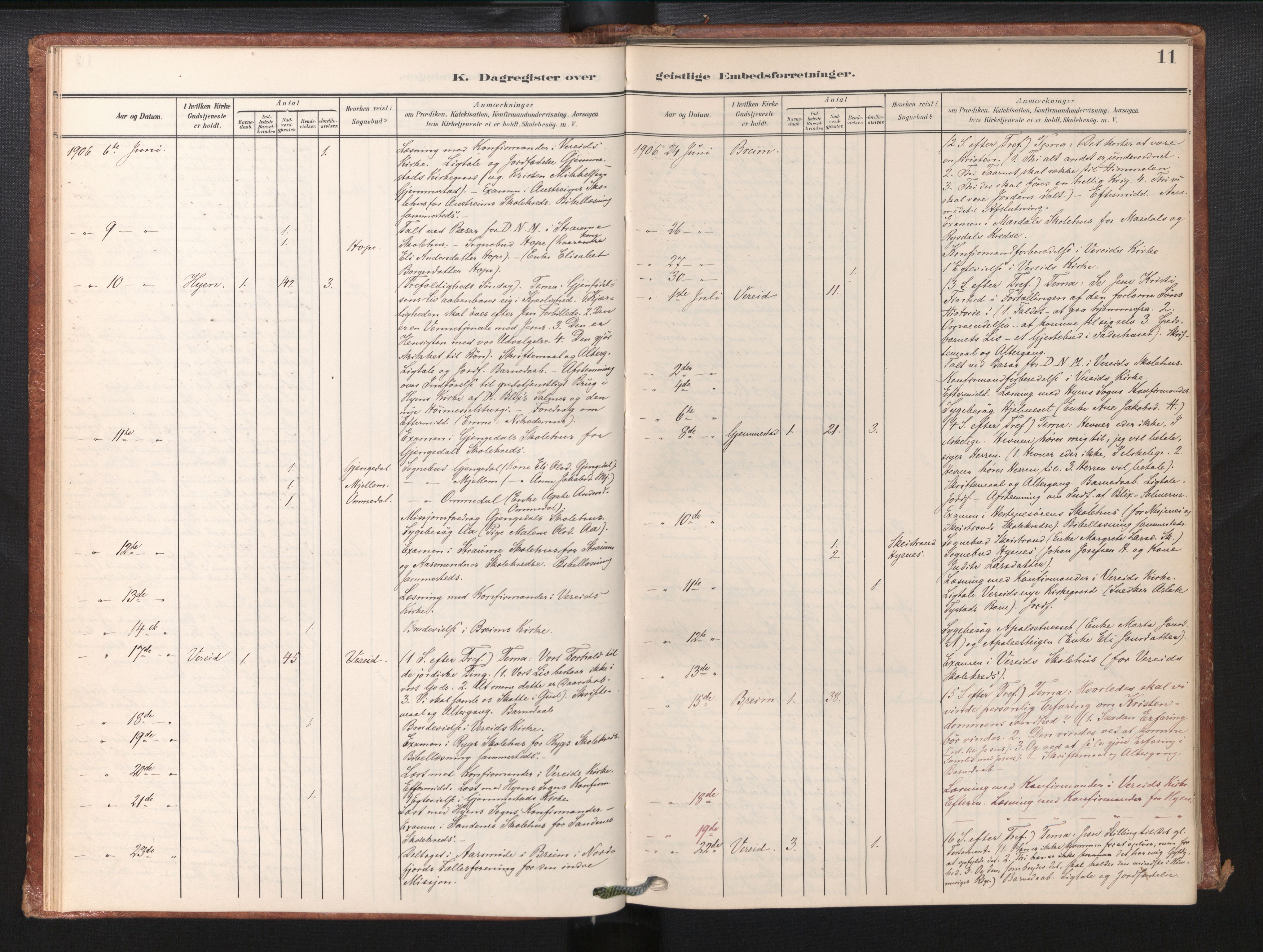 Gloppen sokneprestembete, AV/SAB-A-80101/H/Haa/Haaf/L0002: Diary records no. F 2, 1904-1932, p. 11