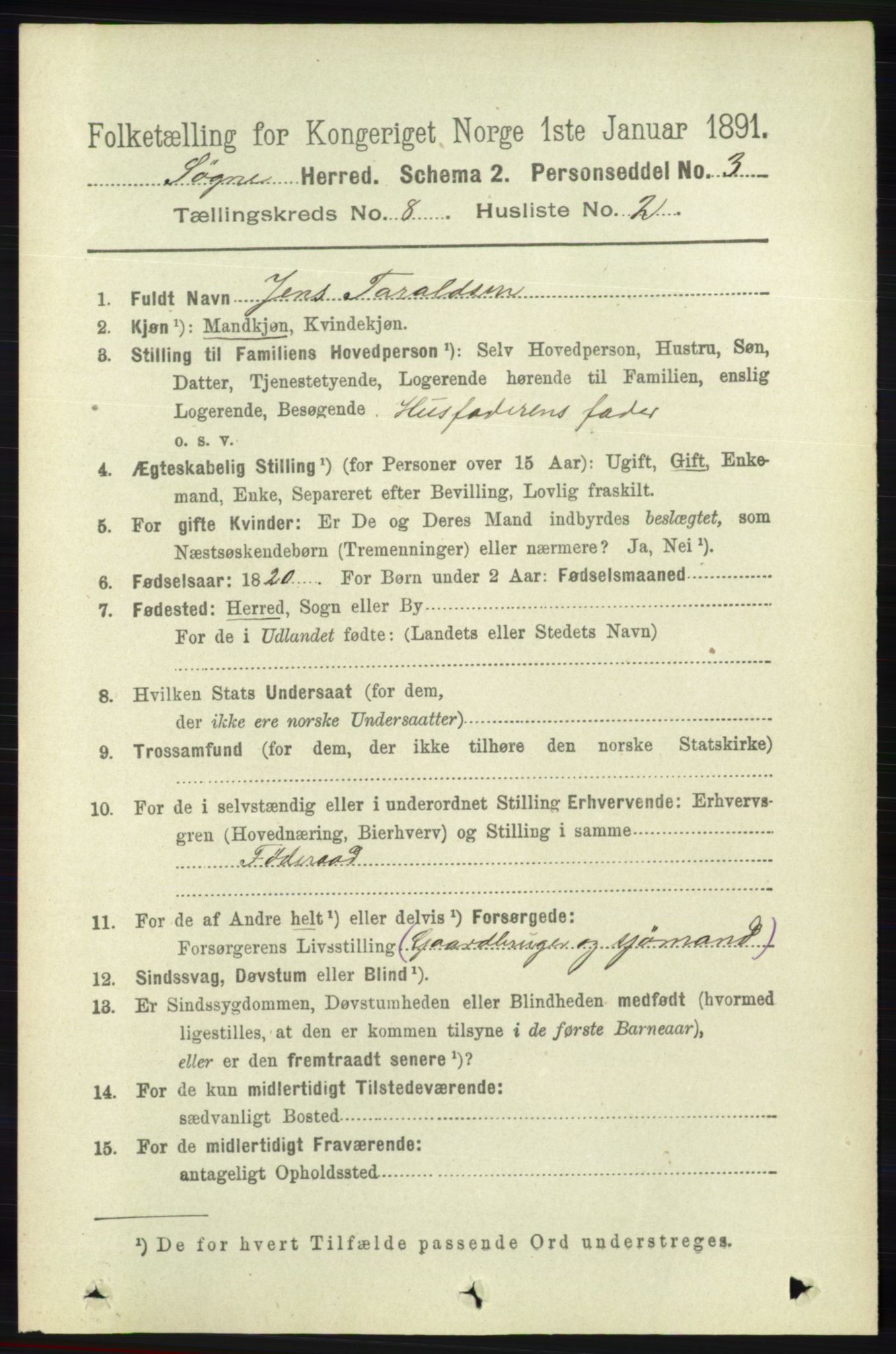 RA, 1891 census for 1018 Søgne, 1891, p. 2220