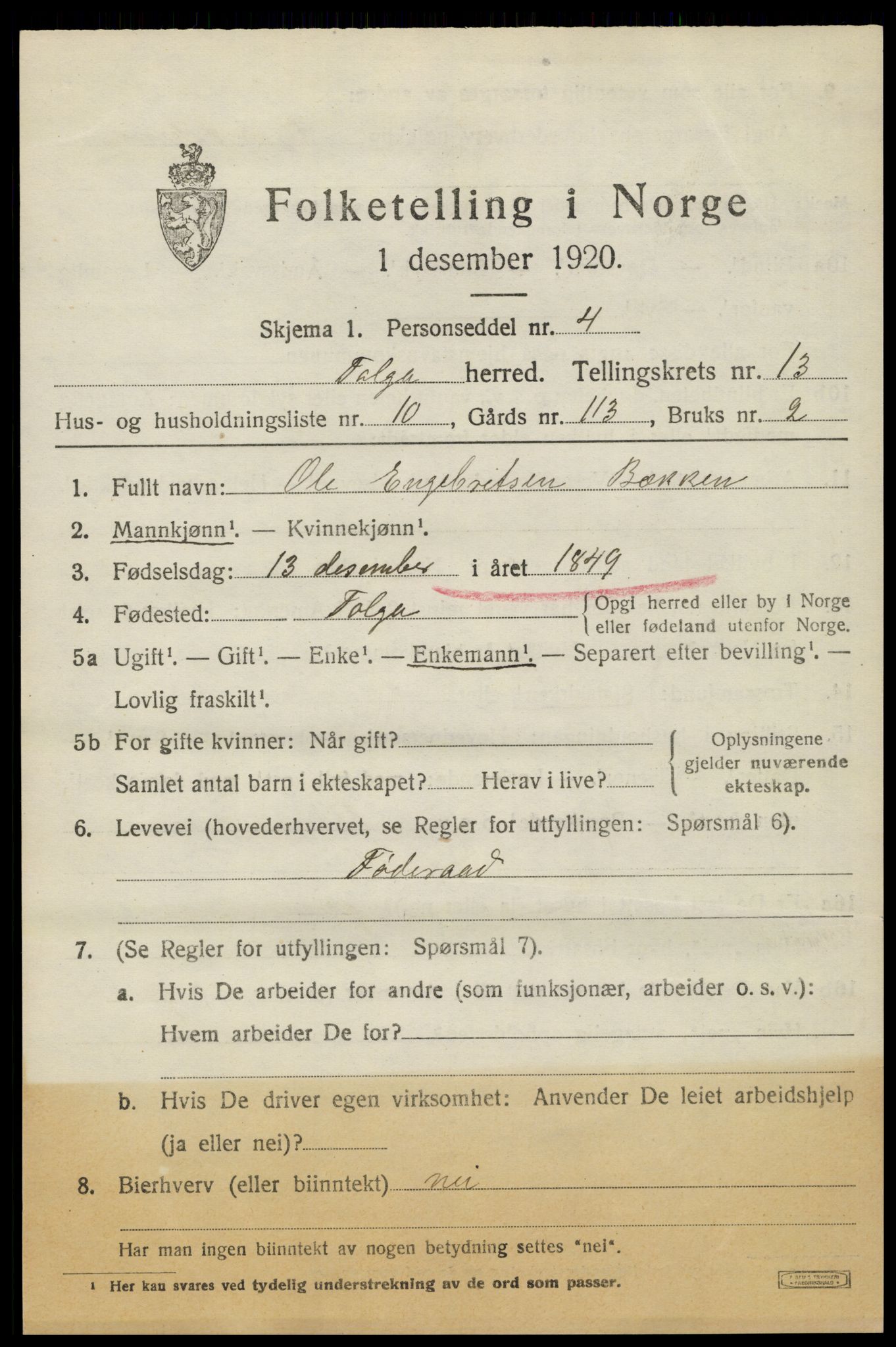 SAH, 1920 census for Tolga, 1920, p. 5911