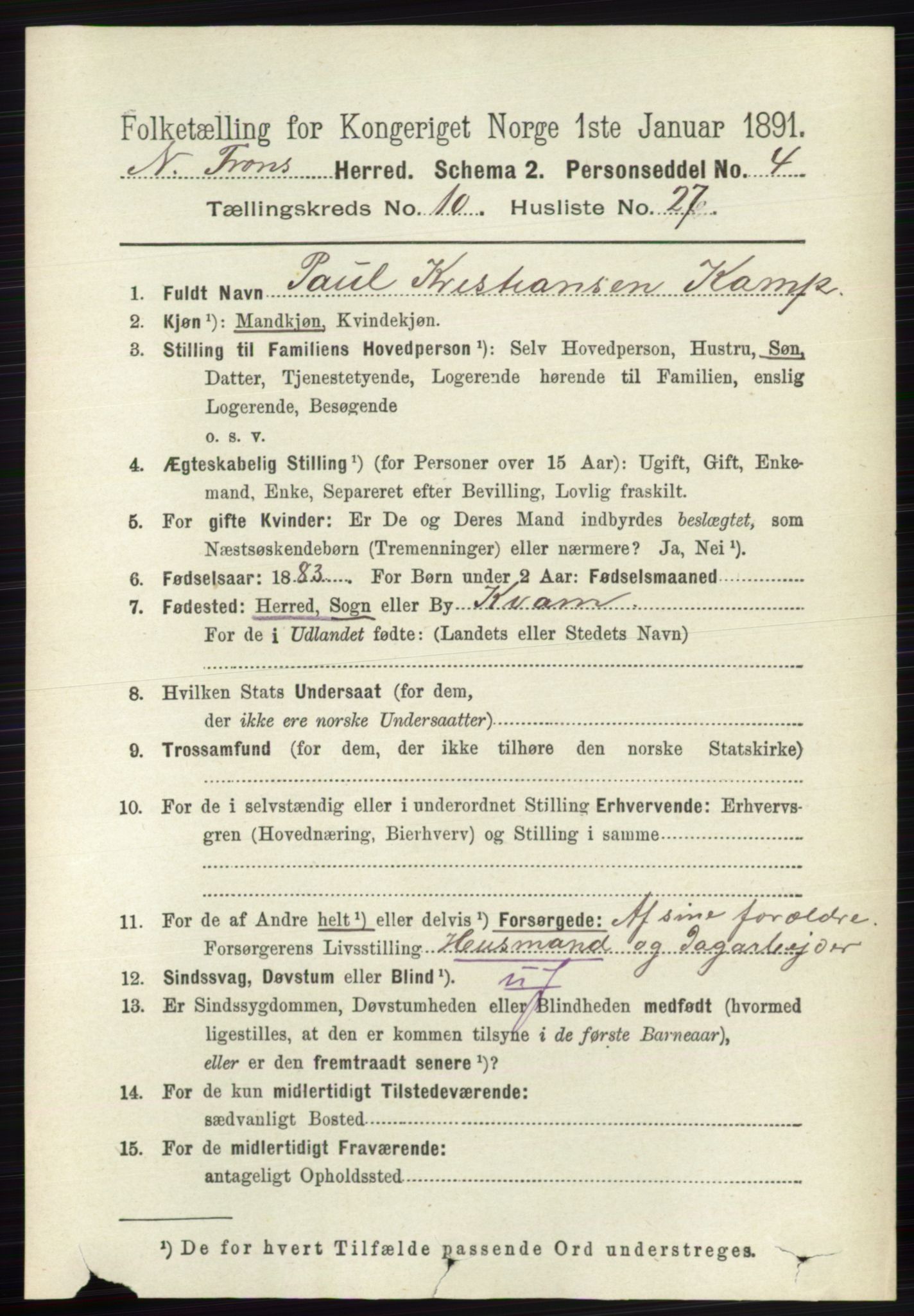 RA, 1891 census for 0518 Nord-Fron, 1891, p. 4521