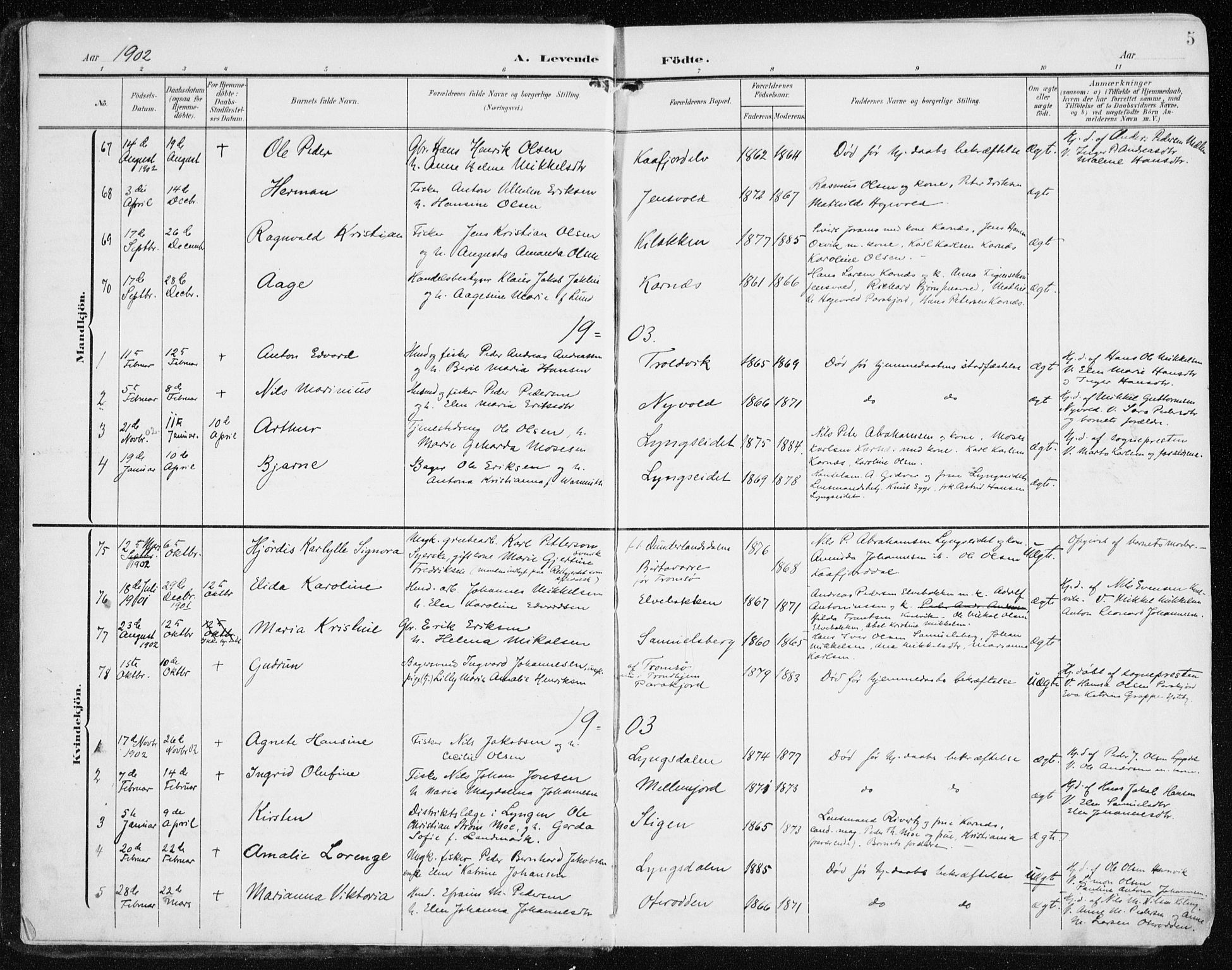 Lyngen sokneprestembete, AV/SATØ-S-1289/H/He/Hea/L0011kirke: Parish register (official) no. 11, 1903-1913, p. 5