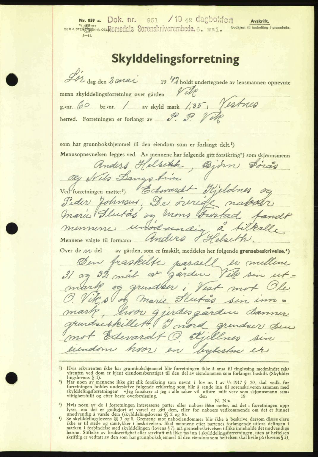 Romsdal sorenskriveri, AV/SAT-A-4149/1/2/2C: Mortgage book no. A12, 1942-1942, Diary no: : 951/1942