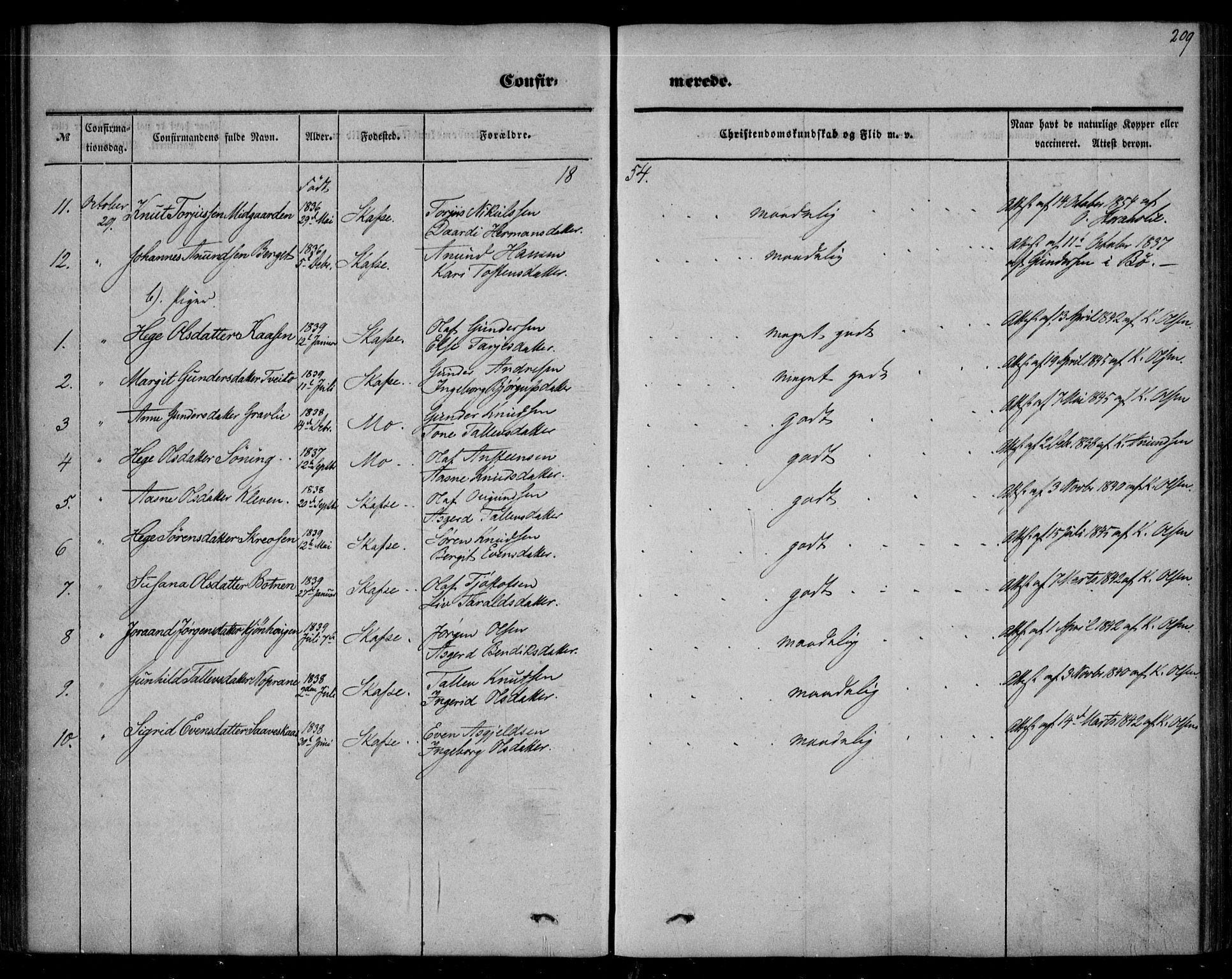 Mo kirkebøker, SAKO/A-286/F/Fa/L0005: Parish register (official) no. I 5, 1844-1864, p. 209