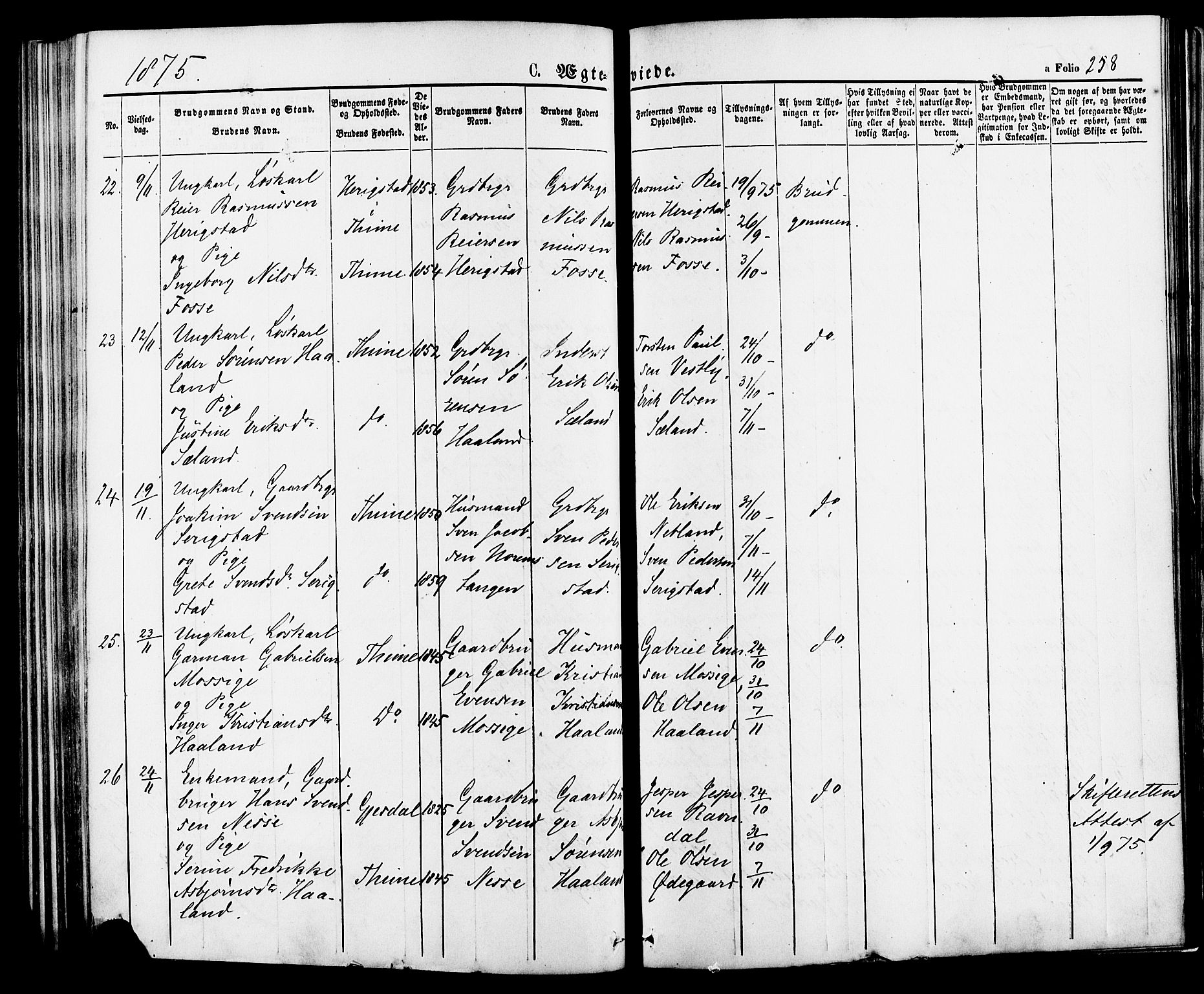 Lye sokneprestkontor, AV/SAST-A-101794/001/30BA/L0008: Parish register (official) no. A 7, 1872-1881, p. 258