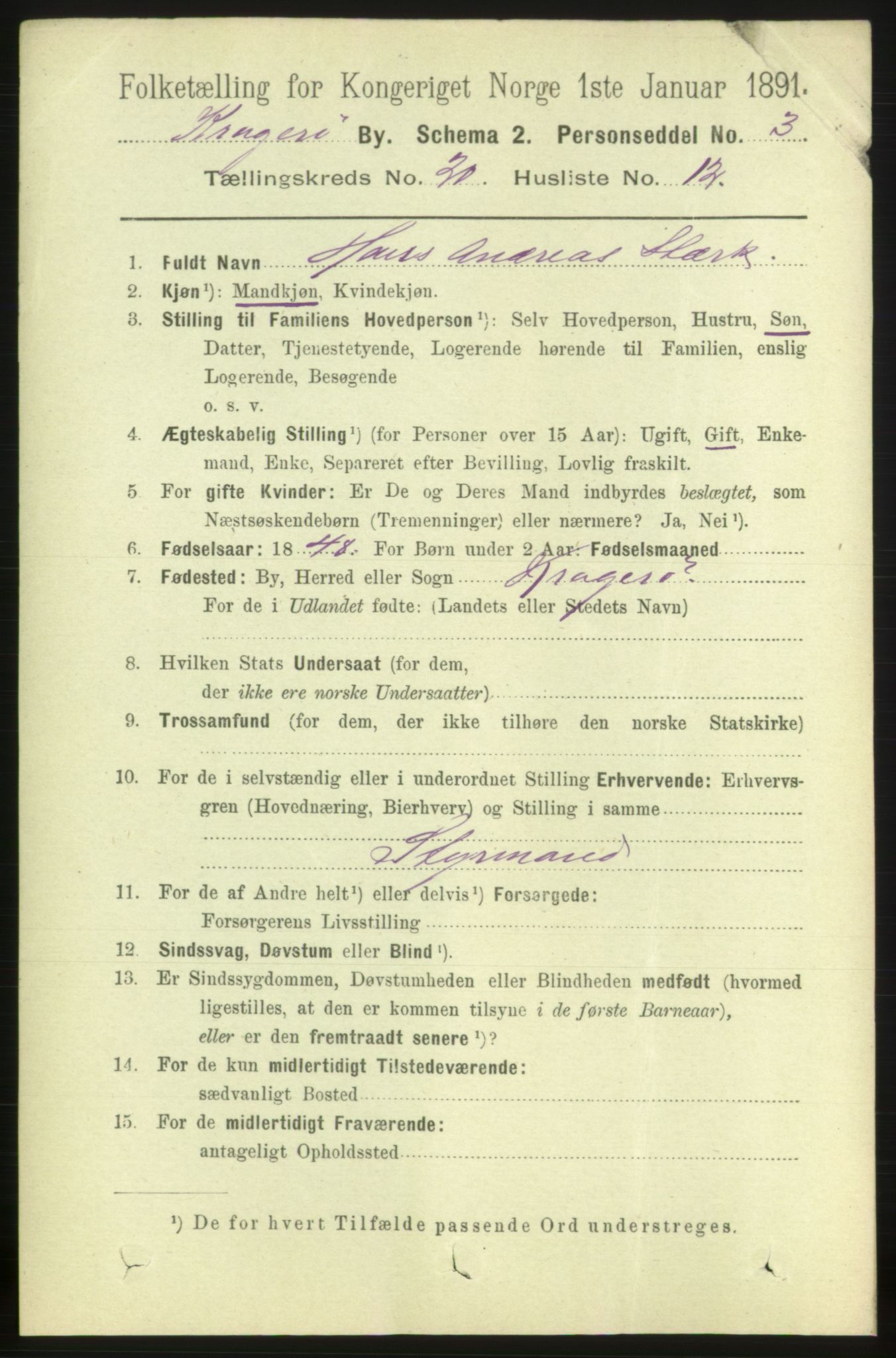 RA, 1891 census for 0801 Kragerø, 1891, p. 4692